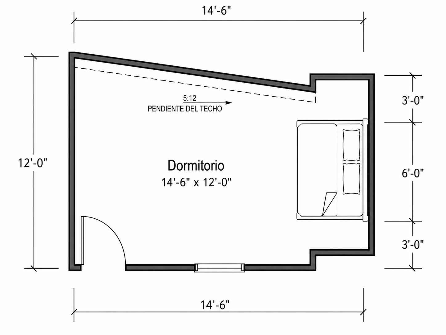 Distribución de dormitorio con techo abuhardillado