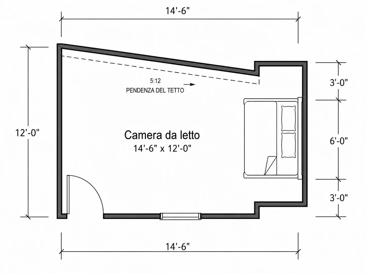 Disposizione di una camera da letto con soffitto spiovente
