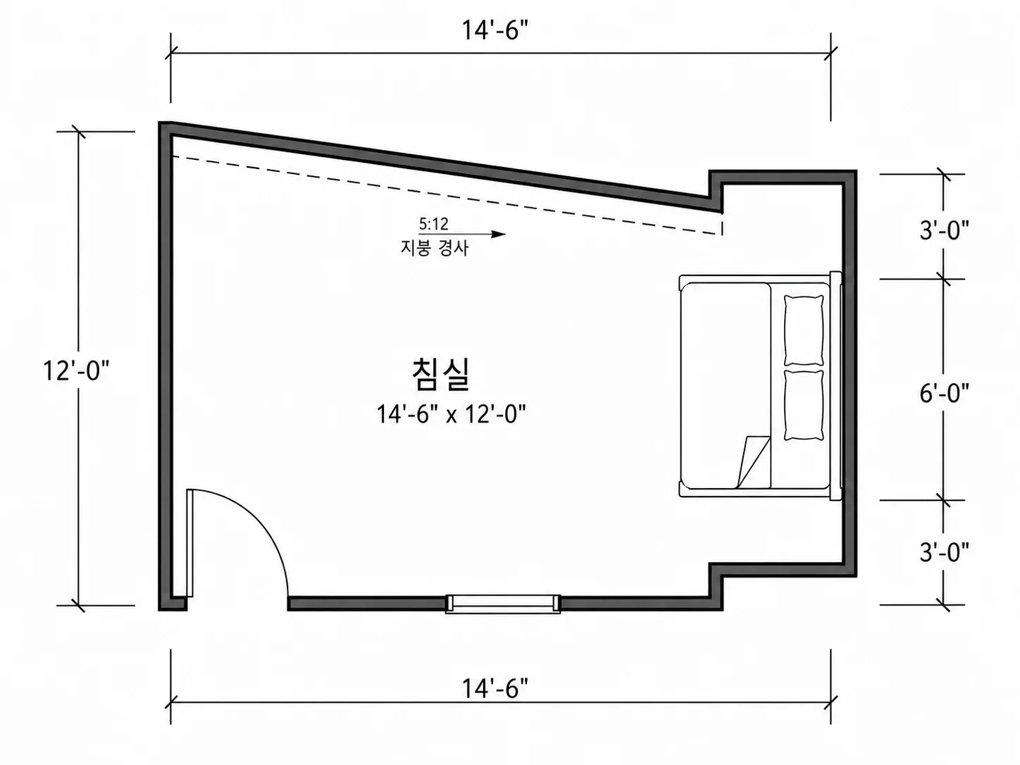 경사 천장이 있는 침실 평면도 배치