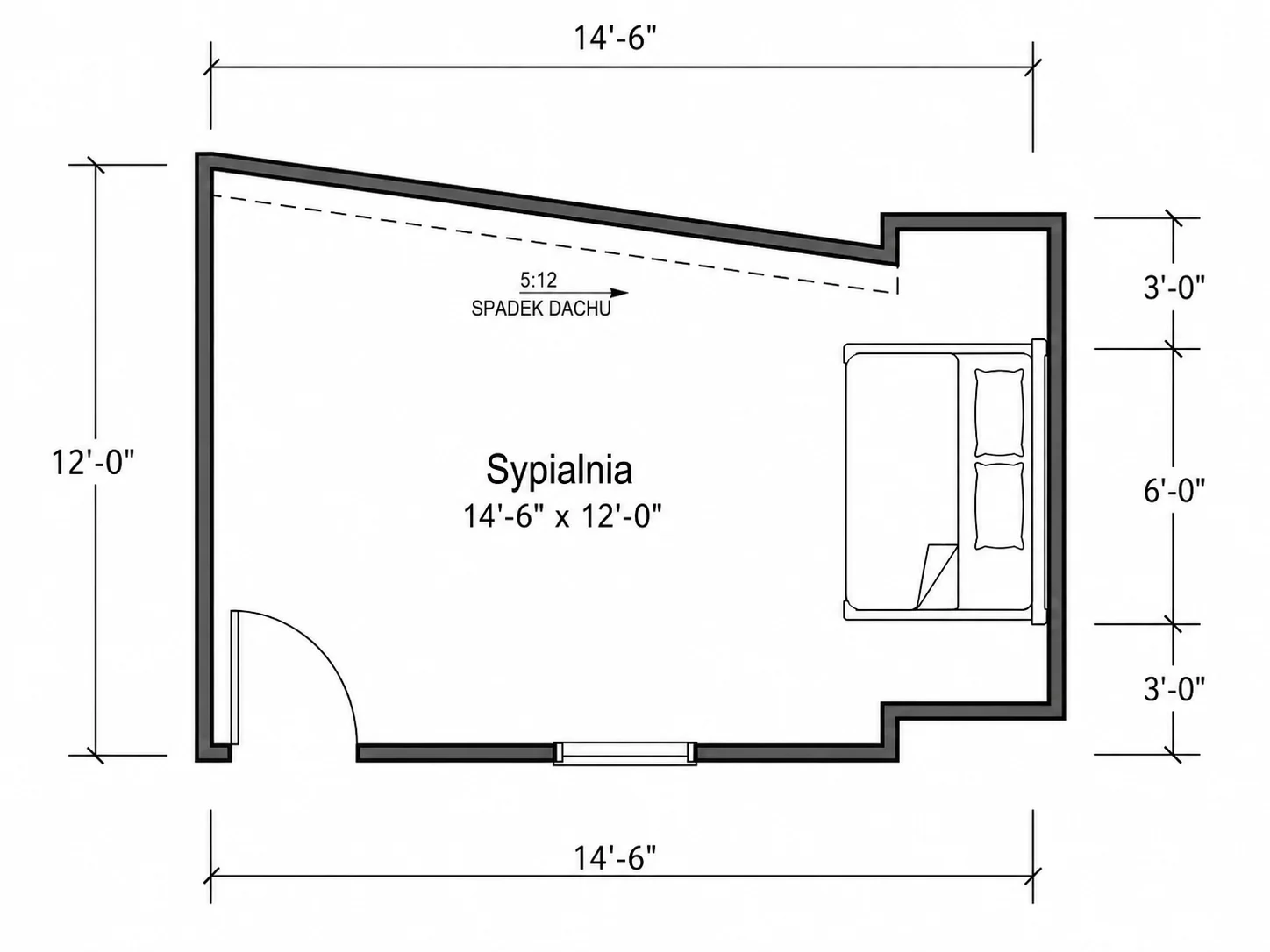 Układ sypialni ze skosem dachowym
