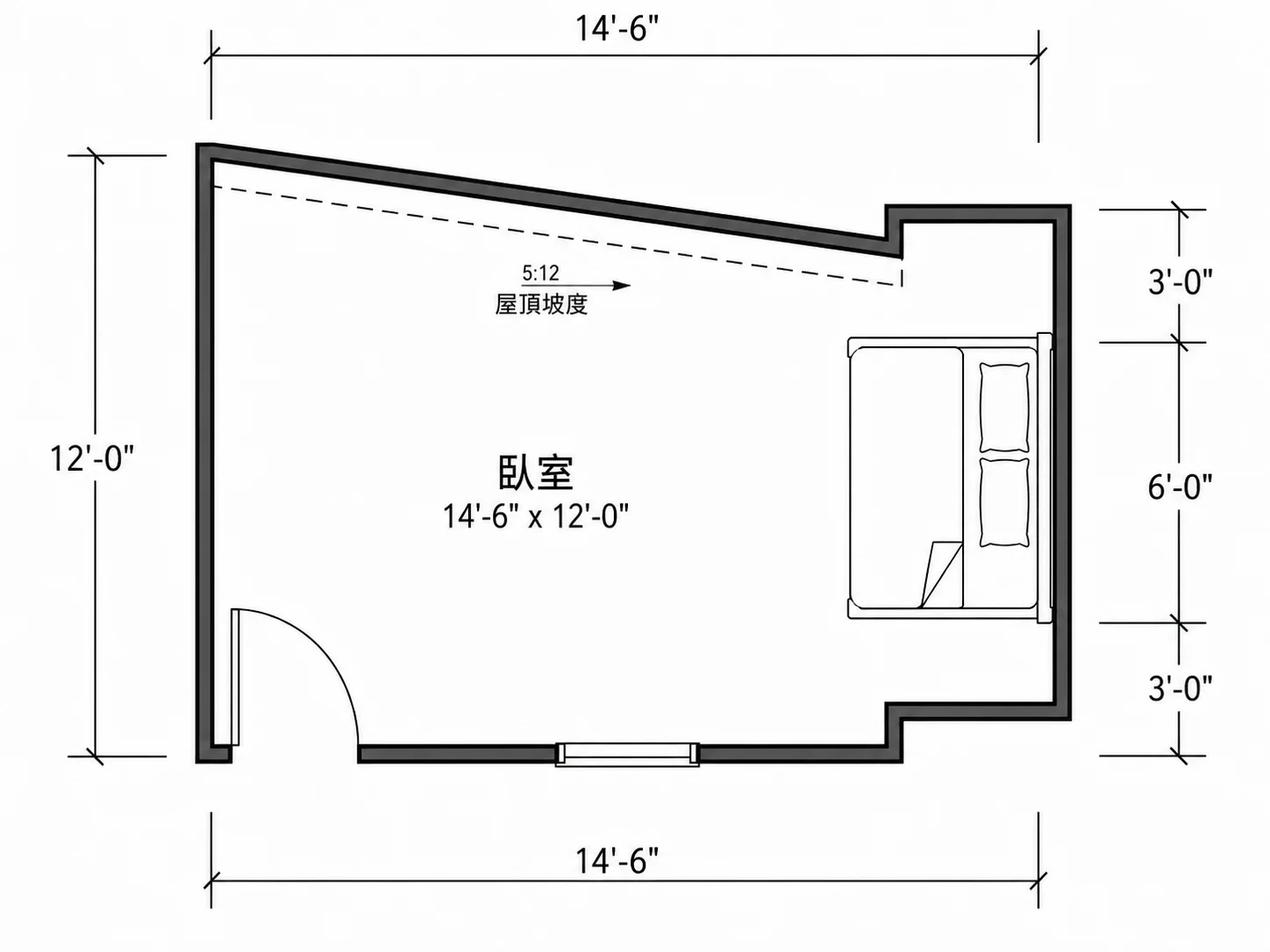 帶有斜頂結構的臥室格局配置圖