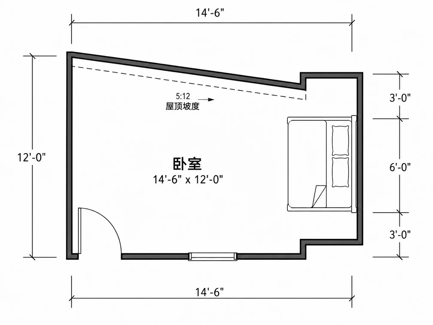 带有斜顶的卧室规划布局图