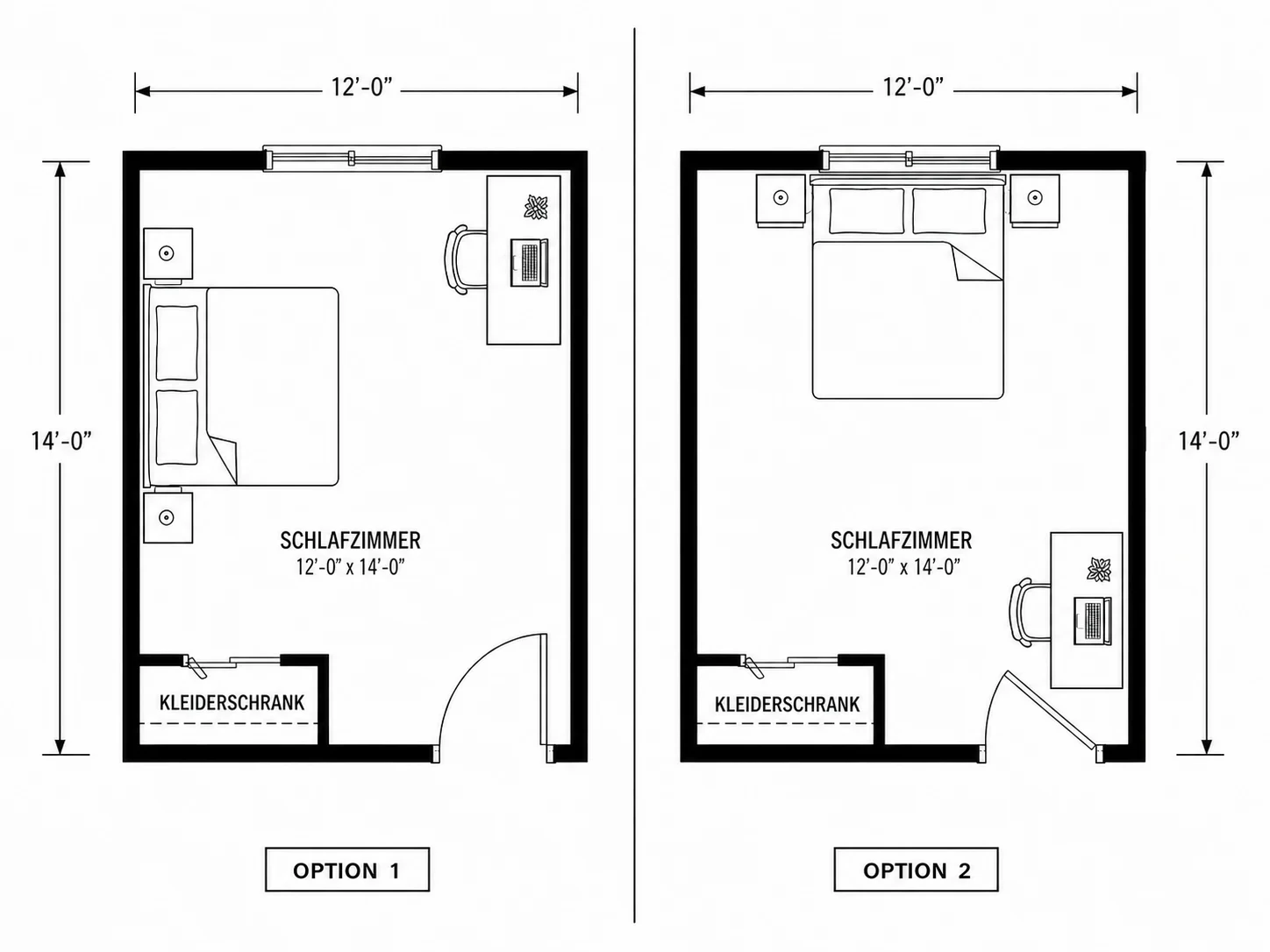 Vergleich zweier Möbelanordnungen im Schlafzimmer-Planer