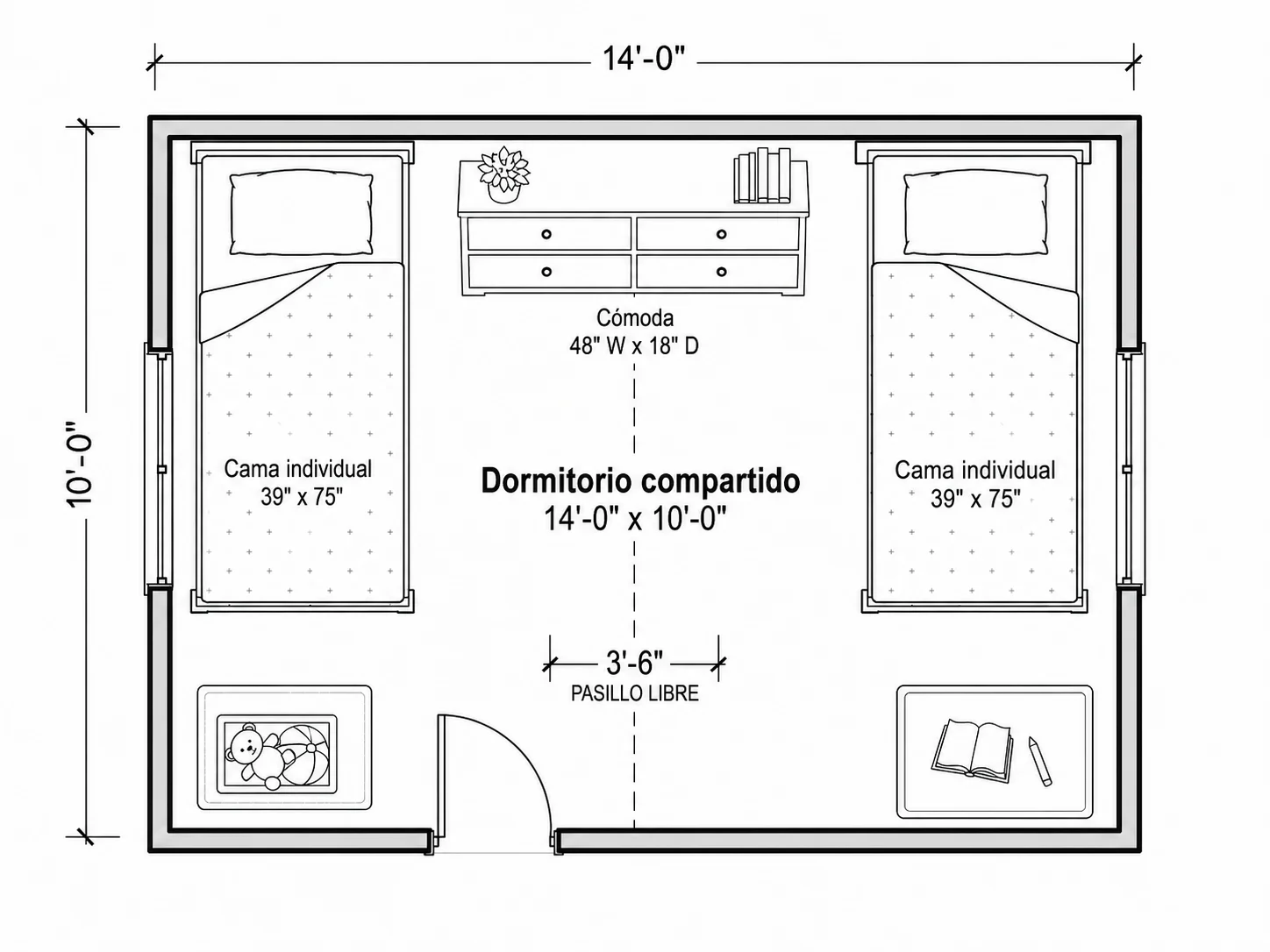 Plano de dormitorio compartido con dos camas