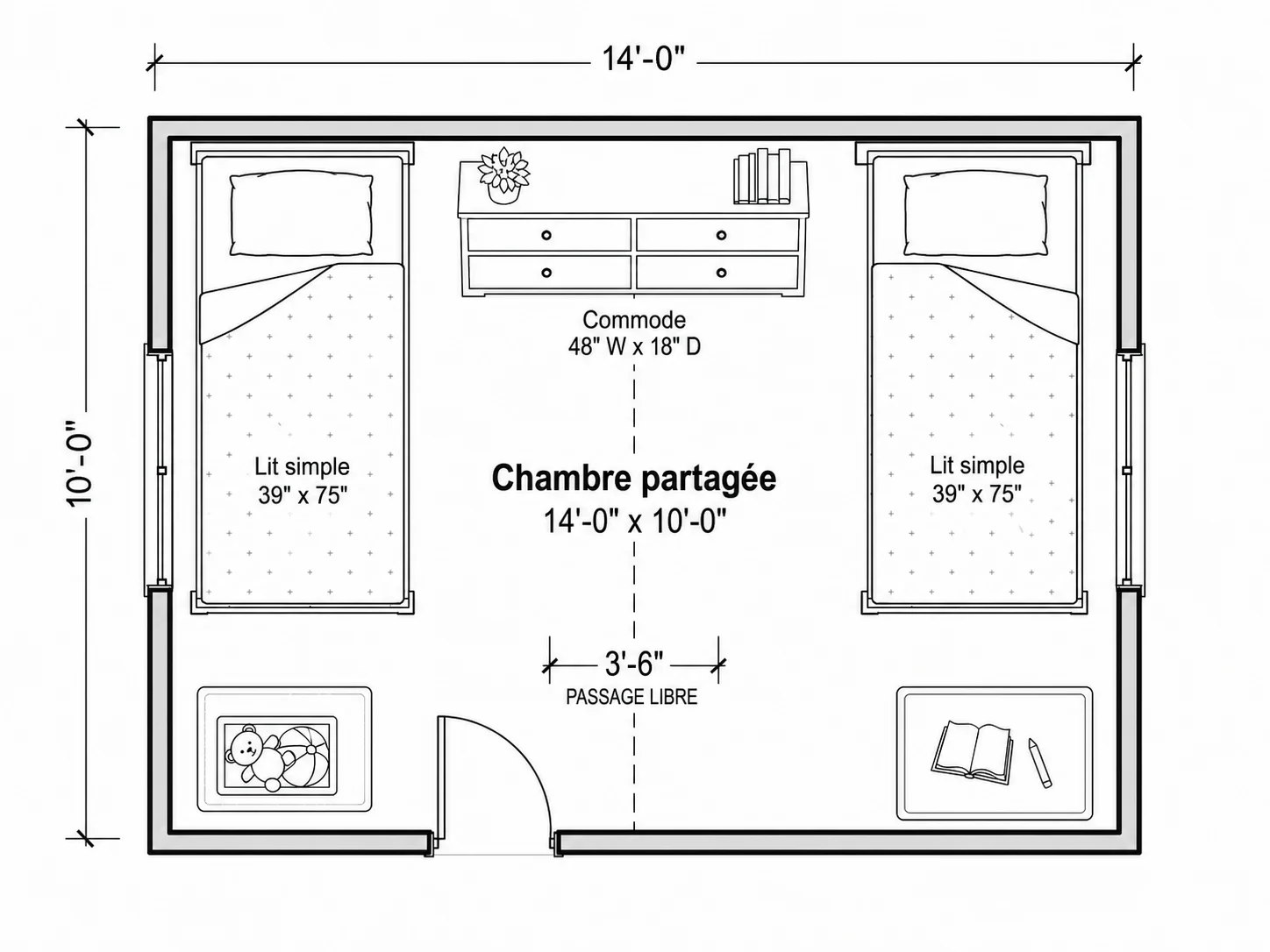 Plan d'aménagement d'une chambre partagée avec deux lits