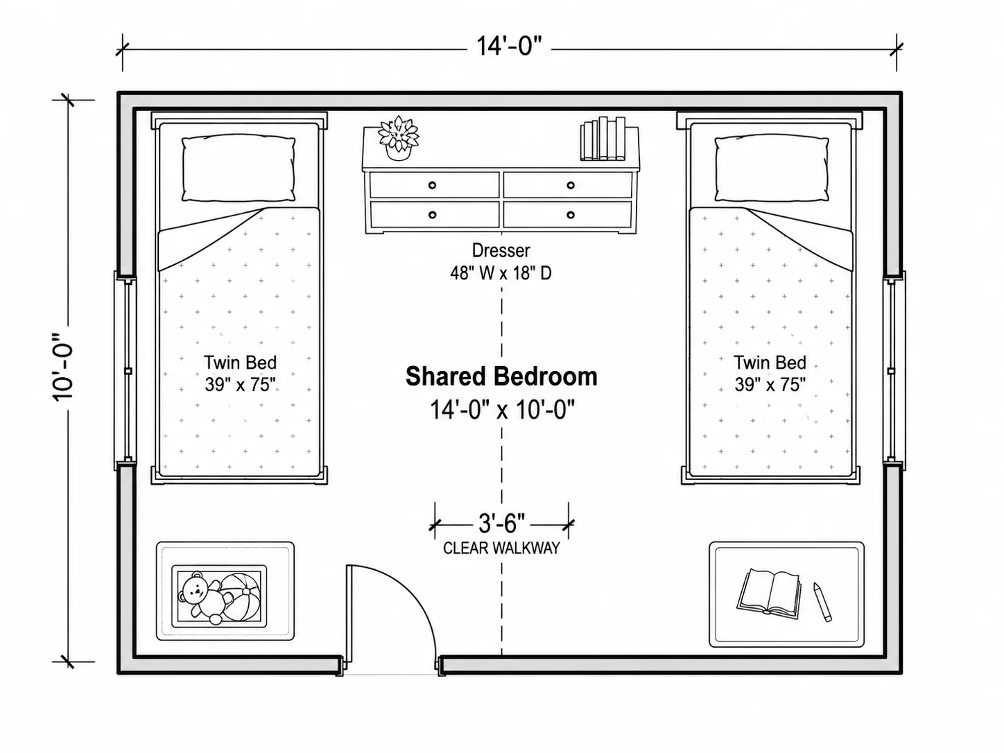 Shared bedroom layout with two beds