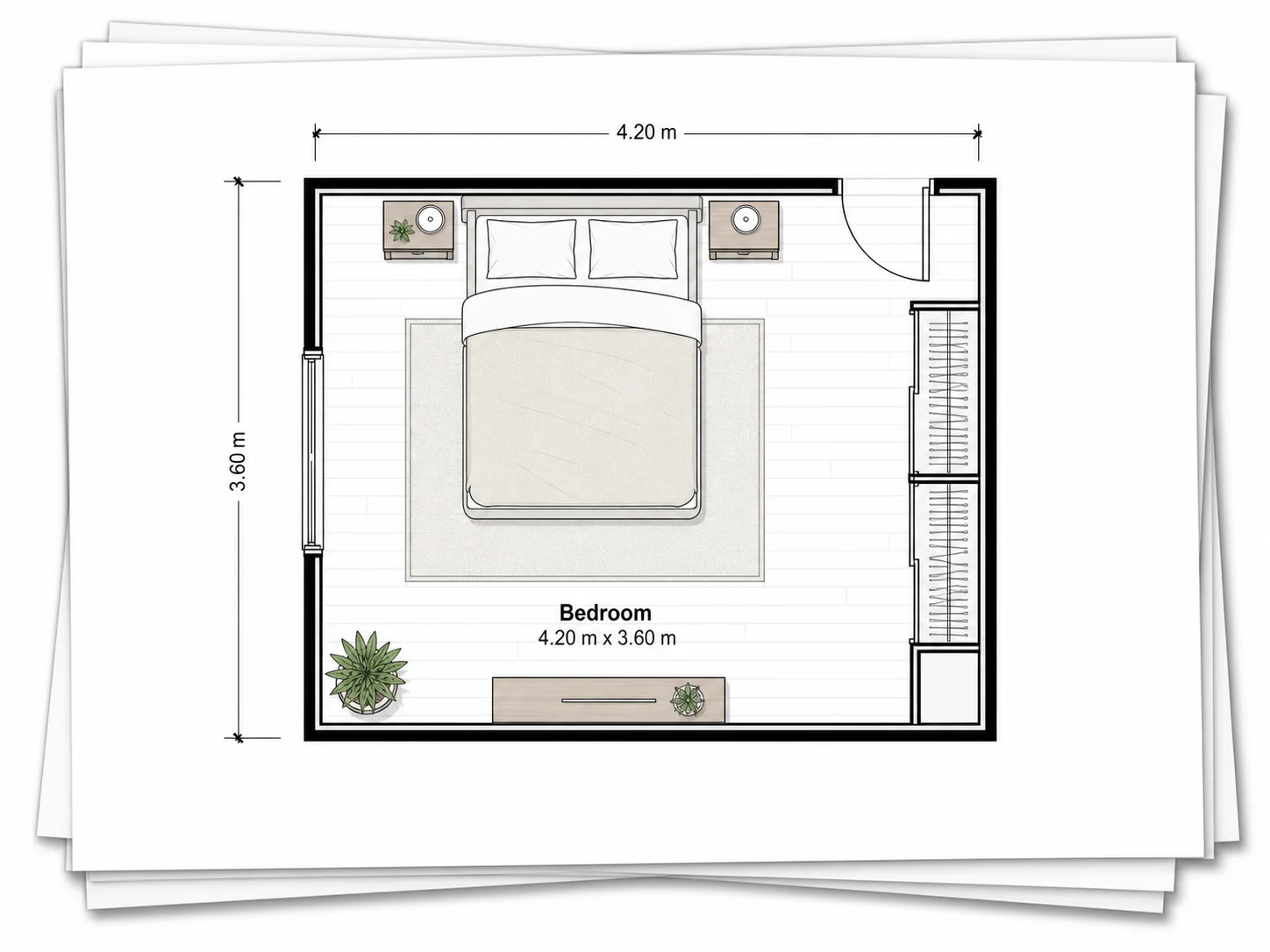Bedroom planner export options showing PNG and PDF