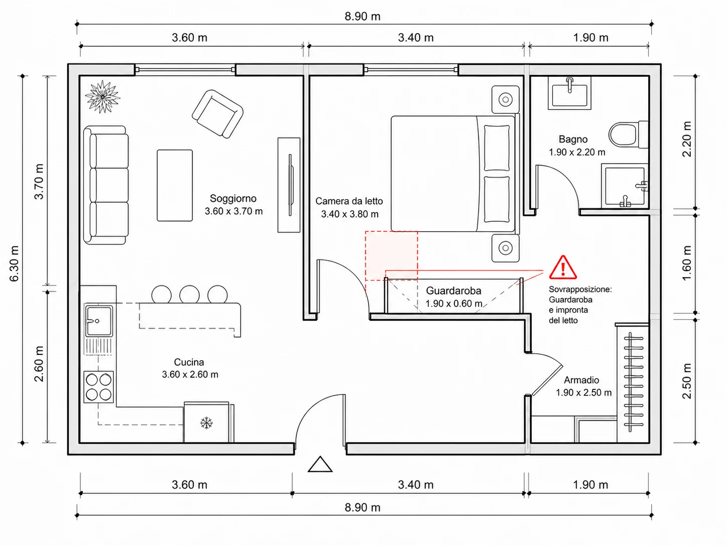 Planner per camera da letto che segnala arredi sovrapposti