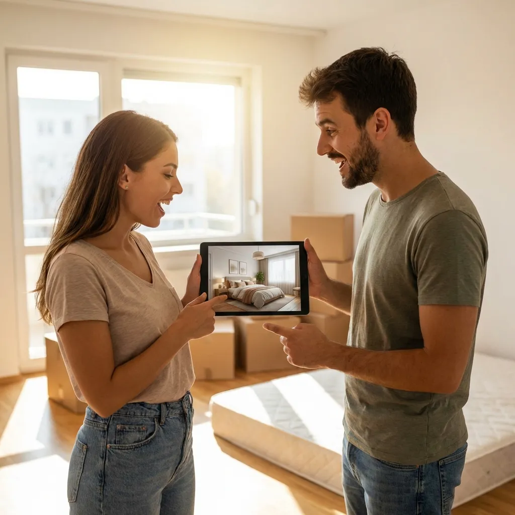 Hausbesitzer nutzt KI Schlafzimmer Design App auf Tablet zur Planung der Schlafzimmerrenovierung