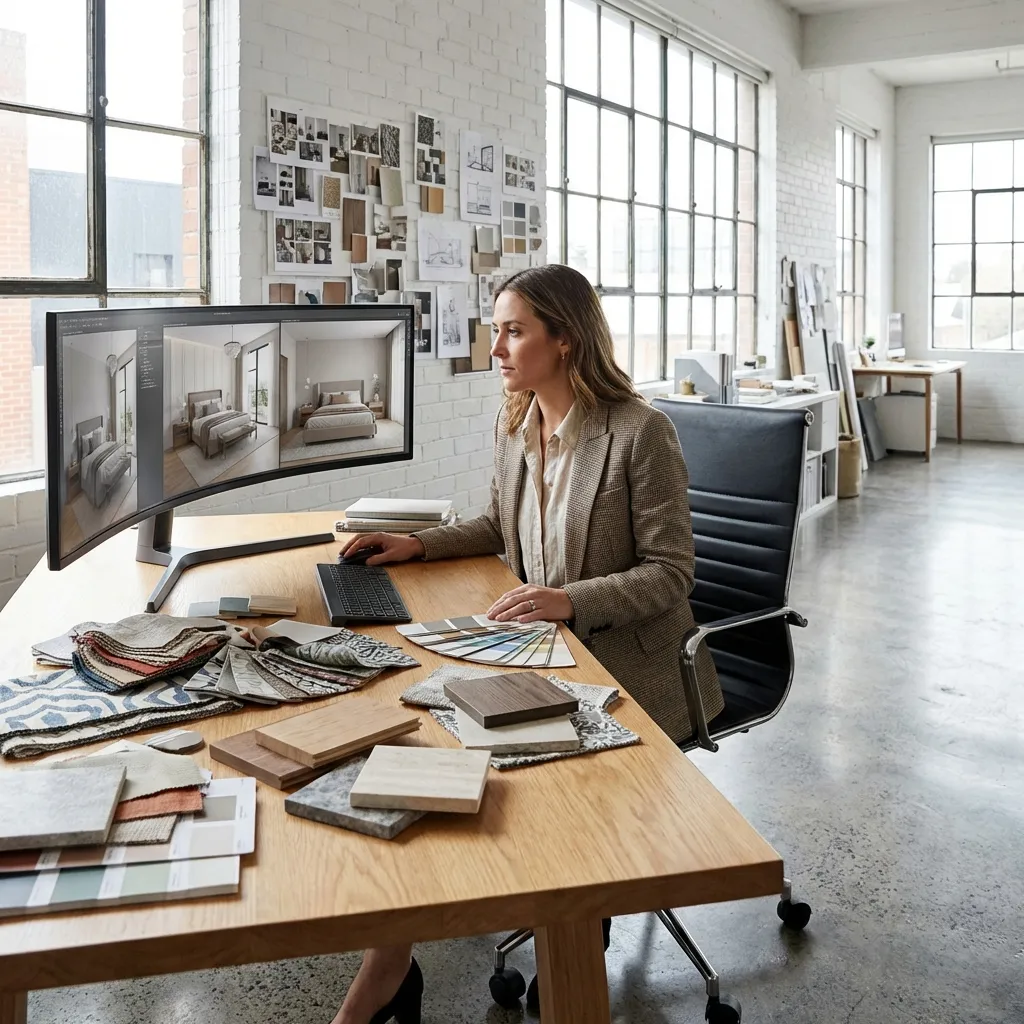 Innenarchitekt überprüft KI Schlafzimmer Design Konzepte auf einem großen Monitor in einem Designstudio
