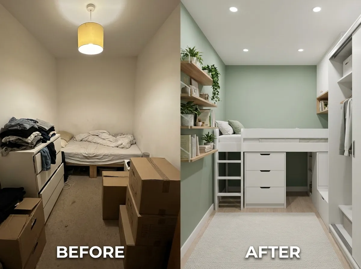 KI kleines Schlafzimmer Design Layout zeigt optimierte Möbelanordnung in einem kompakten Raum