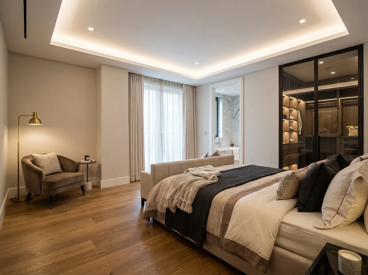 KI Master Schlafzimmer Design Rendering mit integriertem Bad und luxuriösen Materialien