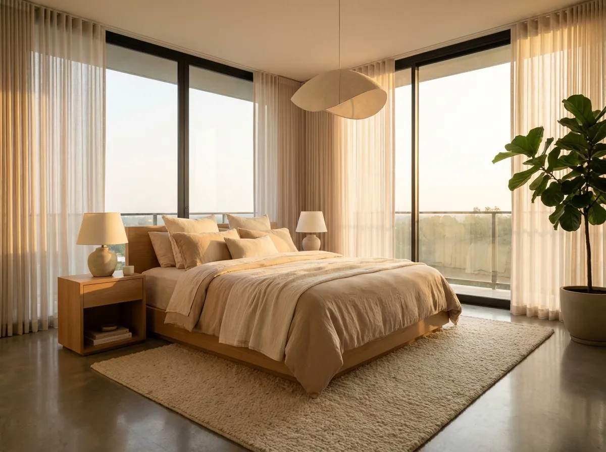 Modernes minimalistisches KI Schlafzimmer Design mit neutraler Farbpalette und Umgebungsbeleuchtung