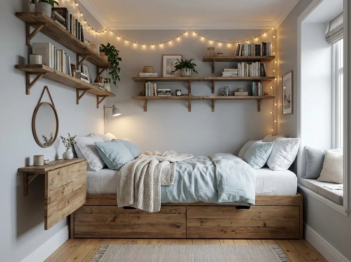 KI kleines Schlafzimmer Design mit platzsparenden Möbeln und gemütlicher Einrichtung