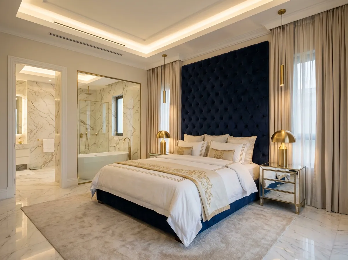 KI Master Schlafzimmer Design mit luxuriöser Einrichtung und geschichteter Beleuchtung
