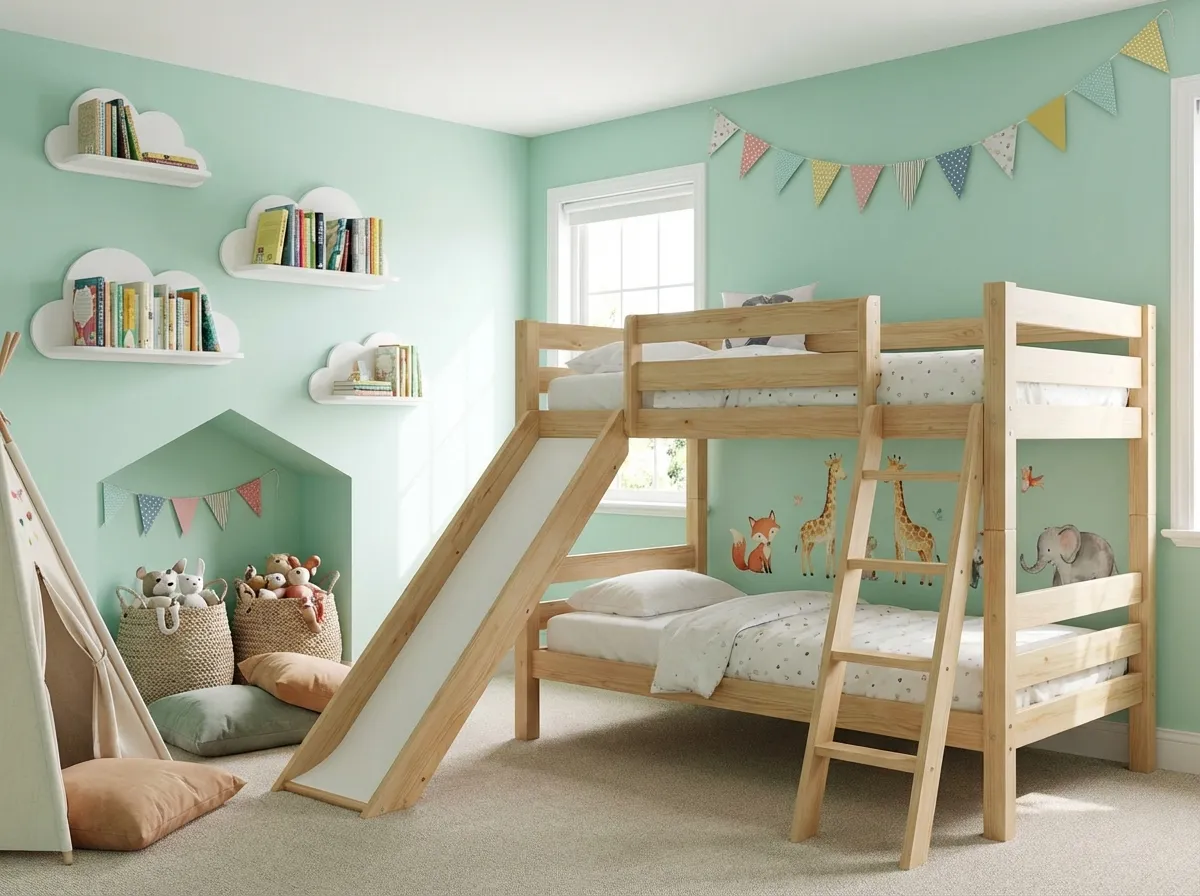 Farbenfrohes KI Kinderzimmer Design mit spielerischer Dekoration und thematischen Möbeln