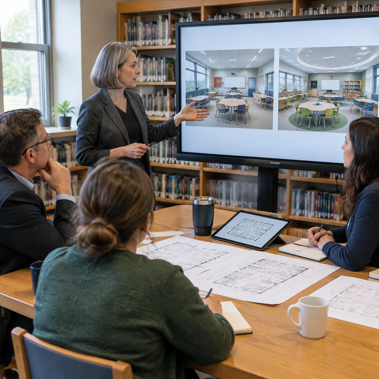Arquitecto escolar presentando dos opciones de aulas renderizadas en una sesión de viabilidad