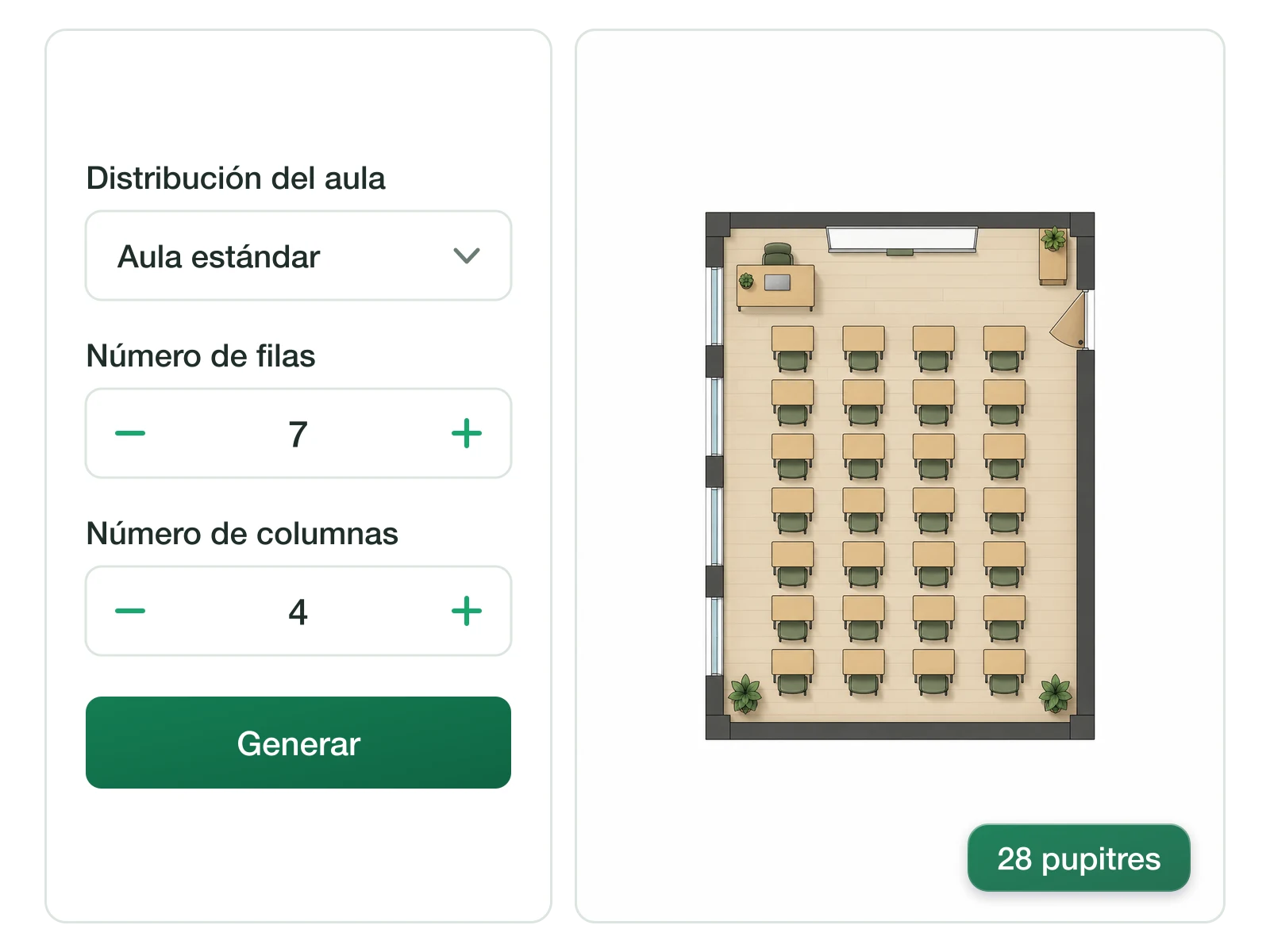 Cuadrícula de asientos de aula configurada en siete filas y cuatro columnas de pupitres