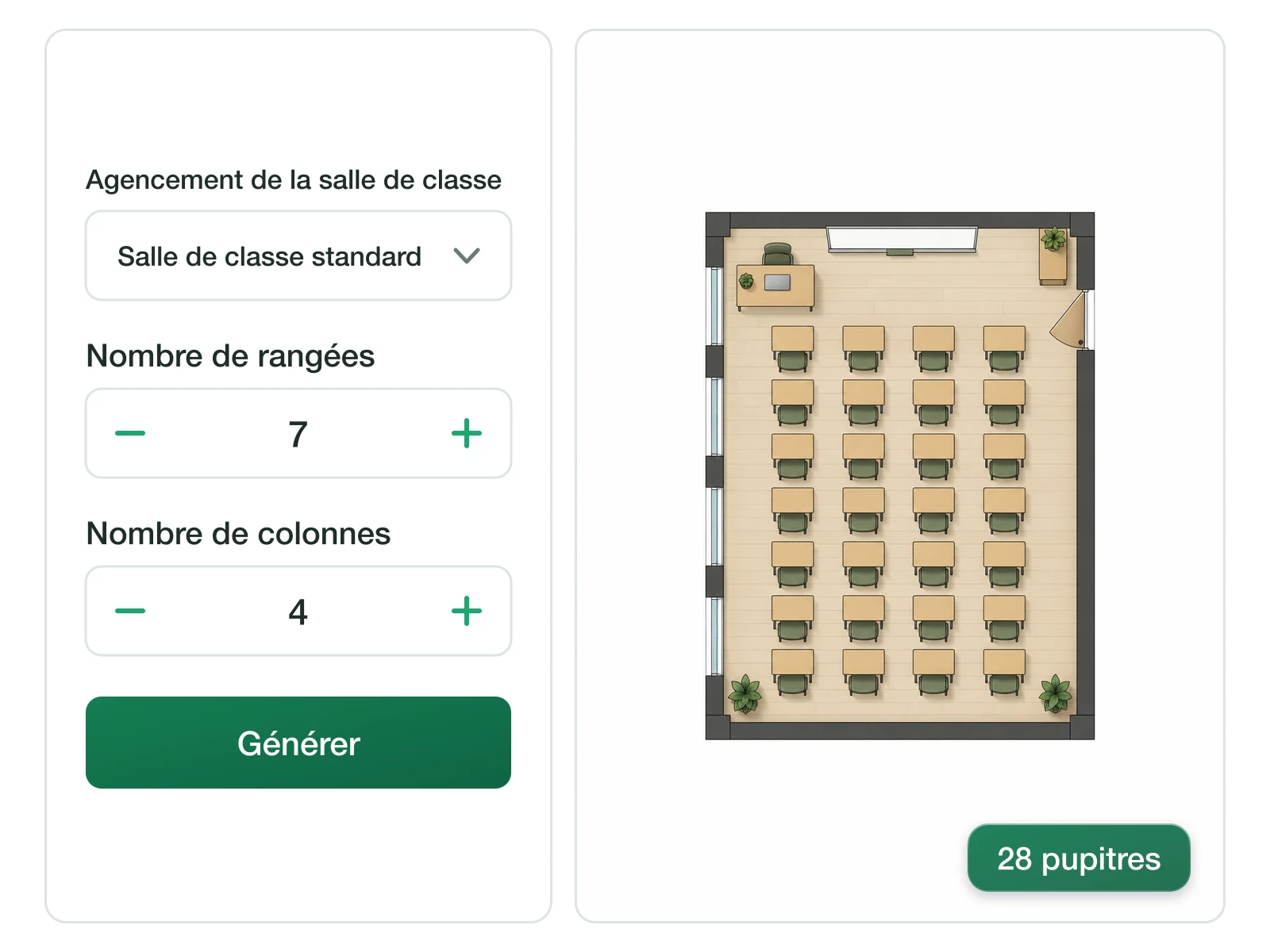 Grille de disposition d'une classe configurée avec sept rangées et quatre colonnes de bureaux
