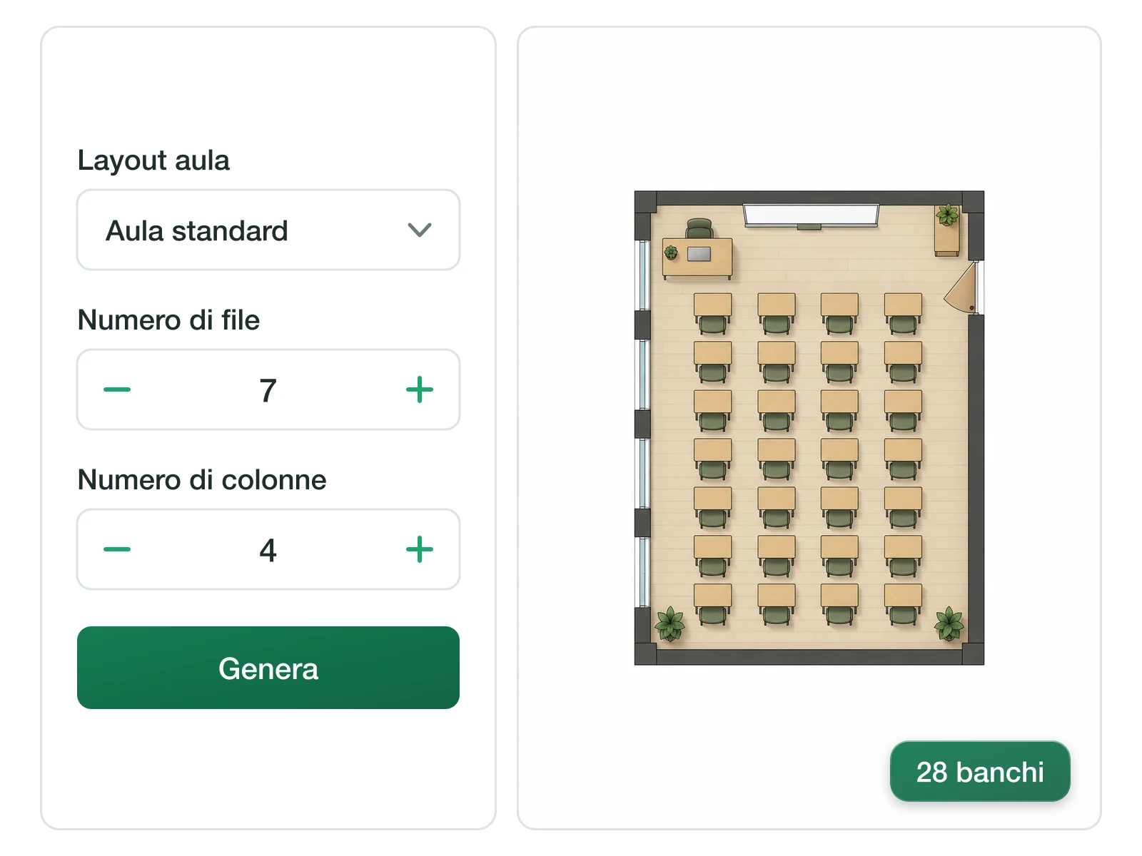 Griglia di disposizione dei banchi impostata su sette file e quattro colonne