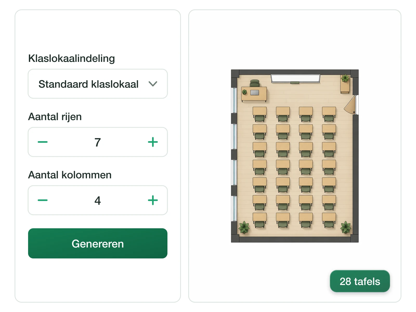 Zitopstelling van een klaslokaal met zeven rijen en vier kolommen met bureaus