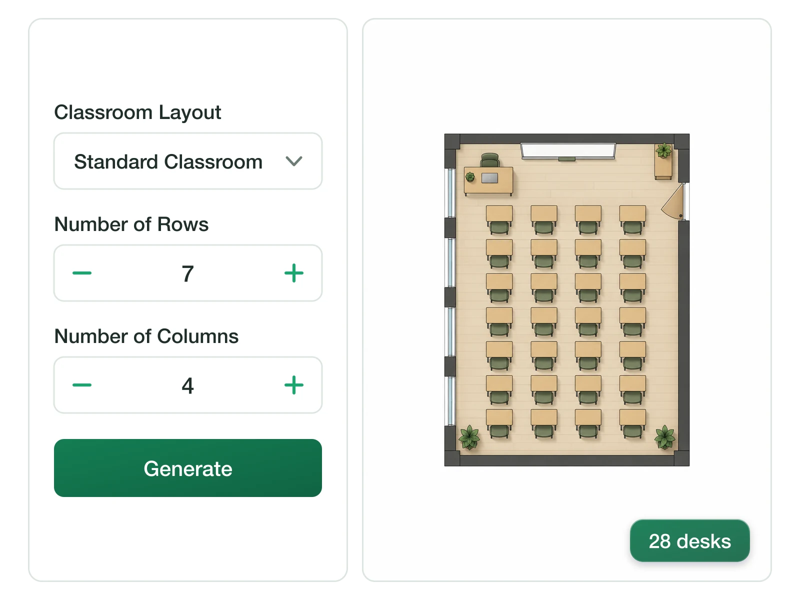 Classroom seating grid set to seven rows and four columns of desks
