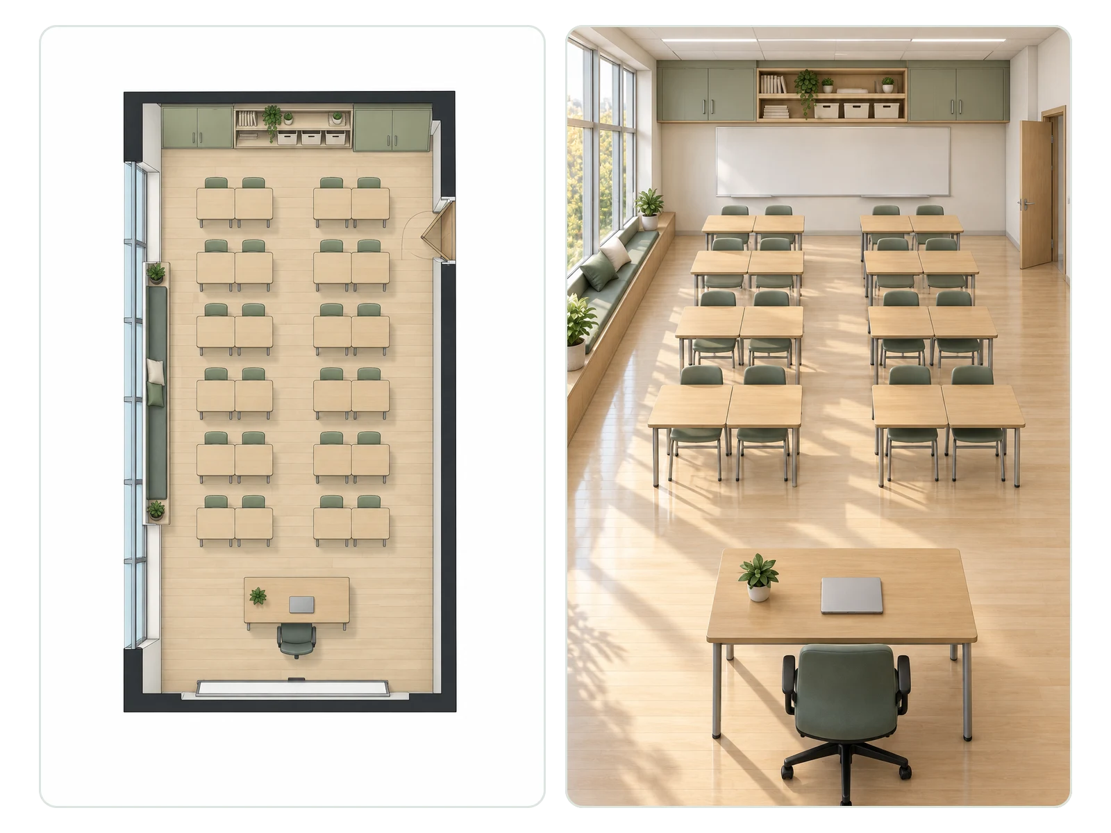 Distribución de aula y su correspondiente render fotorrealista generado a partir de ella