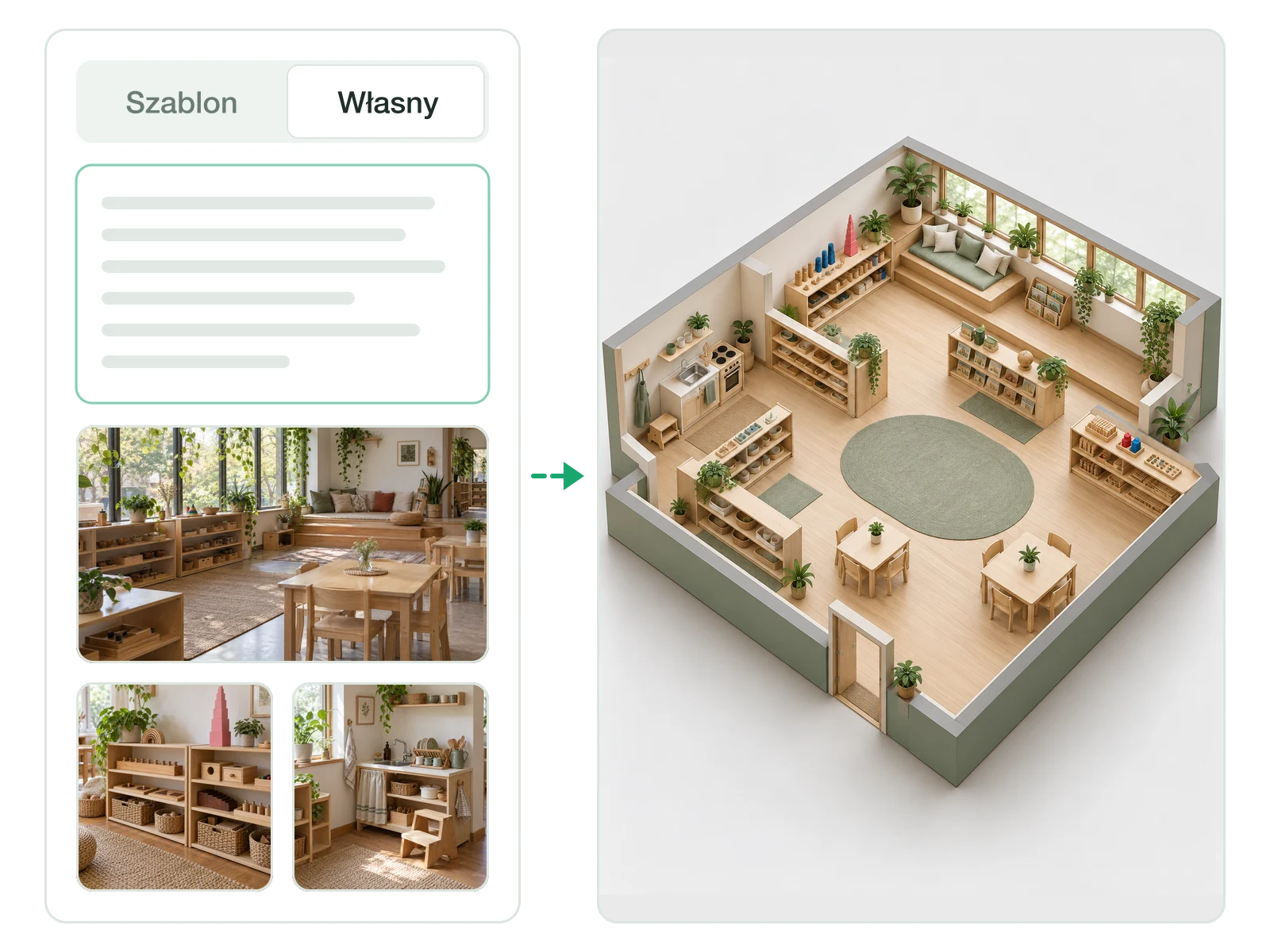 Układ sali Montessori wygenerowany na podstawie własnych wytycznych i zdjęć referencyjnych