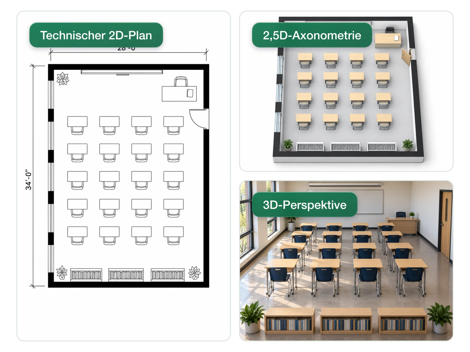Dasselbe Klassenzimmer als technischer 2D-Plan, 2,5D-Axonometrie und 3D-Perspektive