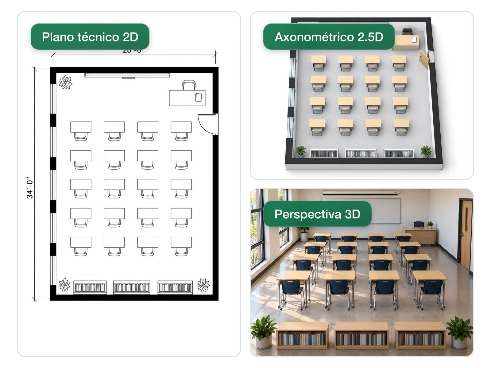 La misma aula mostrada en plano técnico 2D, vista axonométrica 2.5D y perspectiva 3D
