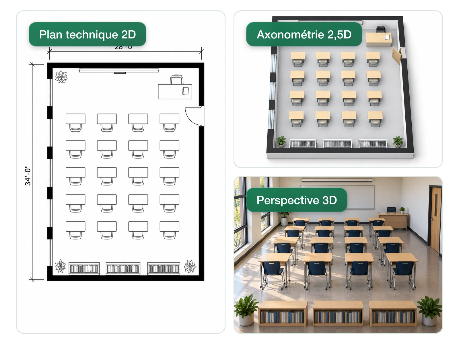 Même classe représentée en plan technique 2D, axonométrie 2,5D et perspective 3D