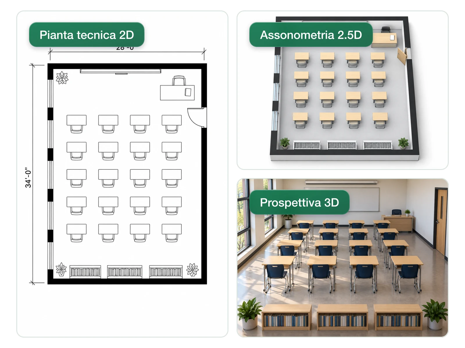 La stessa aula mostrata come pianta tecnica 2D, vista assonometrica 2.5D e prospettiva 3D