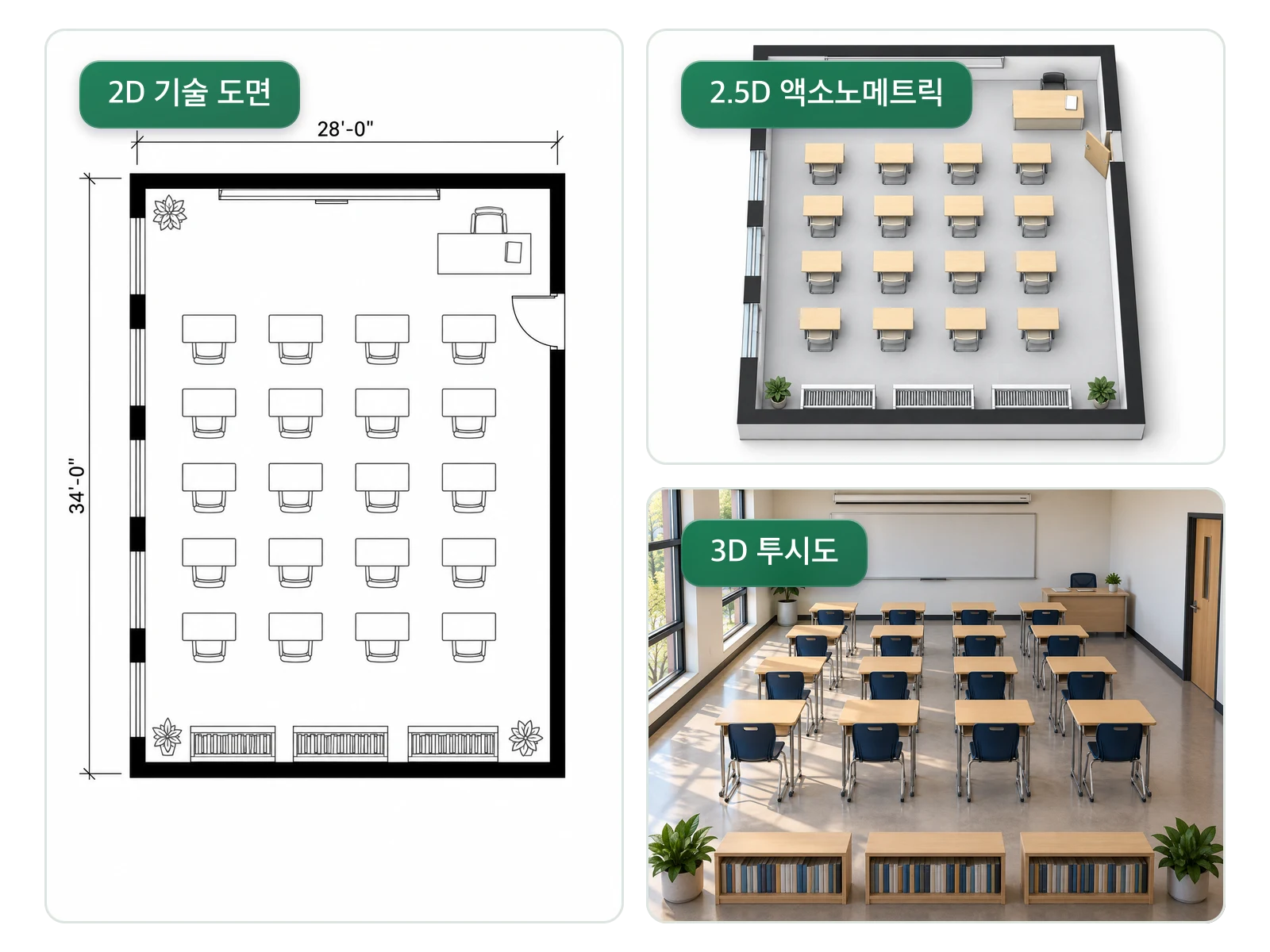2D 기술 도면, 2.5D 액소노메트릭 뷰, 3D 투시도로 각각 표현된 동일한 교실