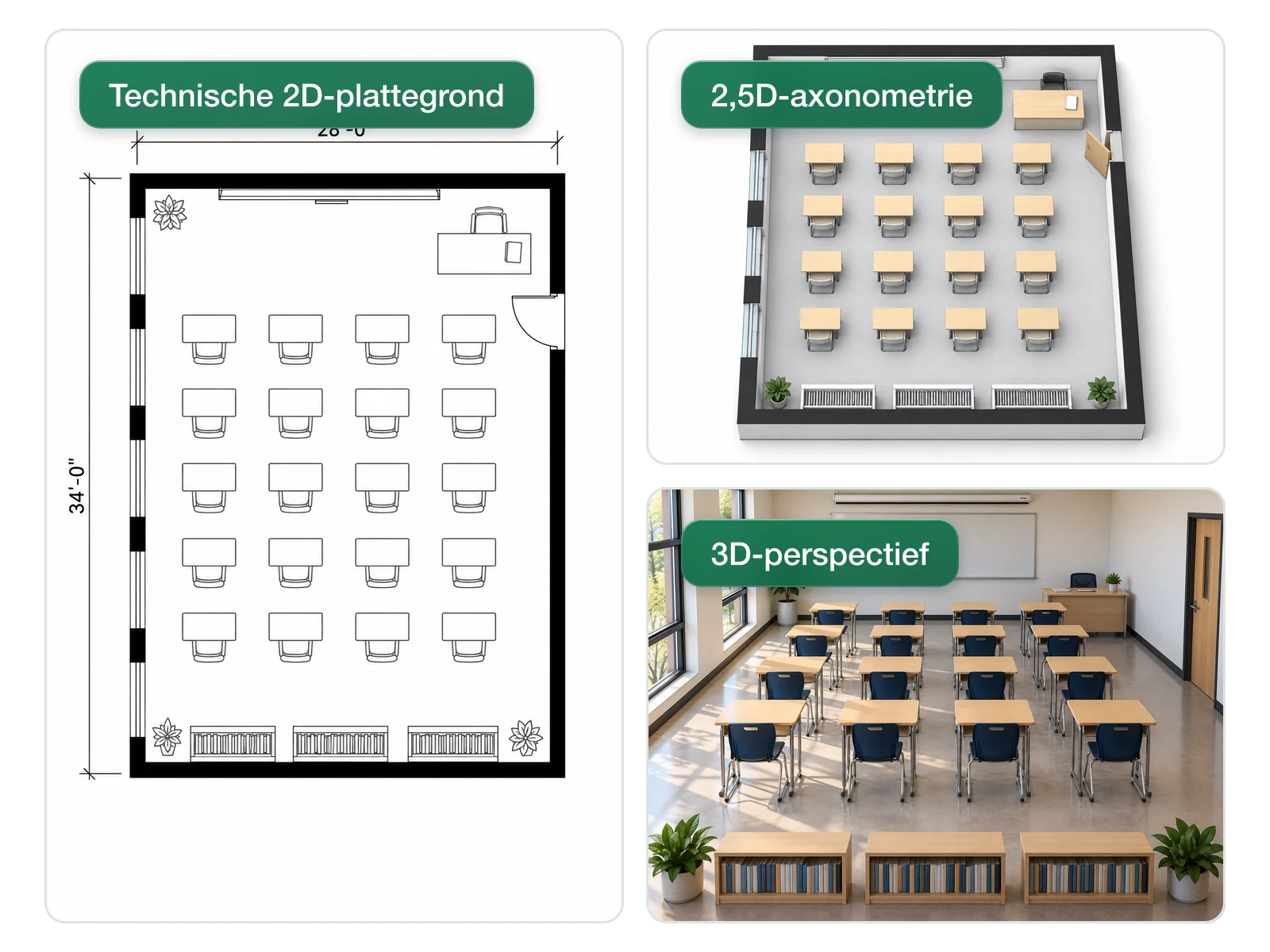 Hetzelfde klaslokaal getoond als technische 2D-plattegrond, 2,5D-axonometrie en 3D-perspectief