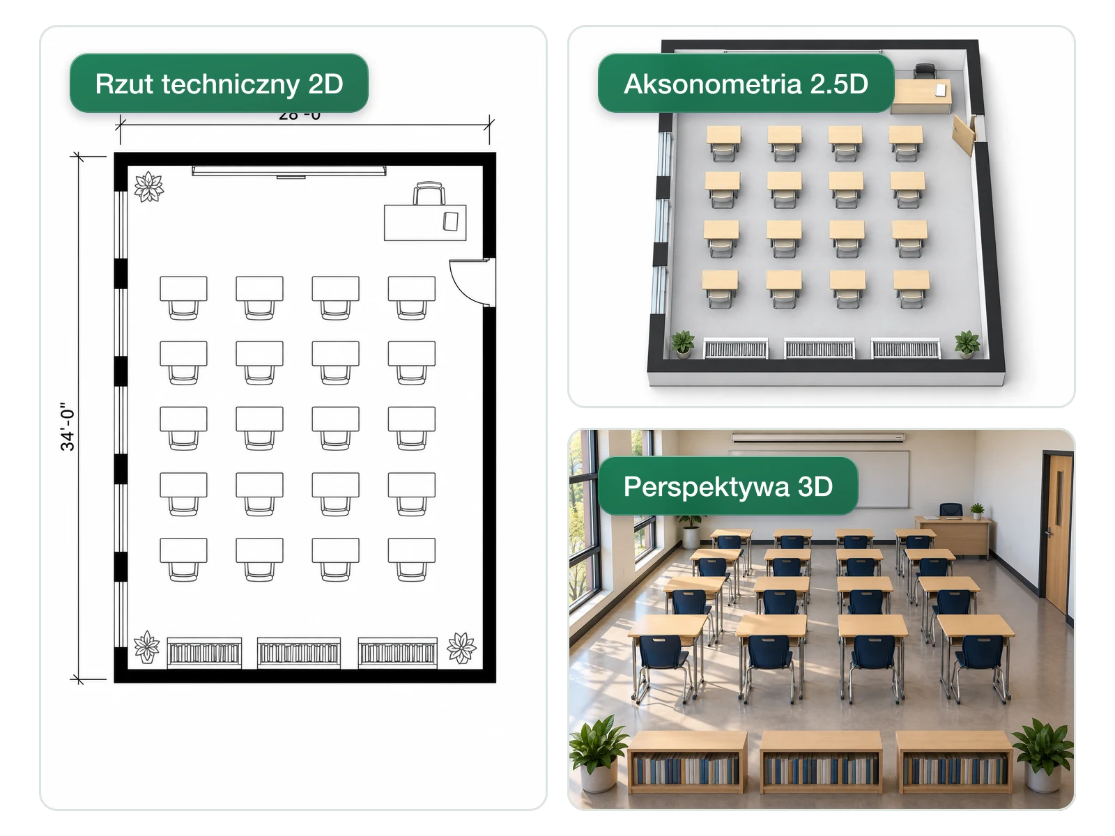 Ta sama sala lekcyjna pokazana jako rzut techniczny 2D, widok aksonometryczny 2.5D i perspektywa 3D