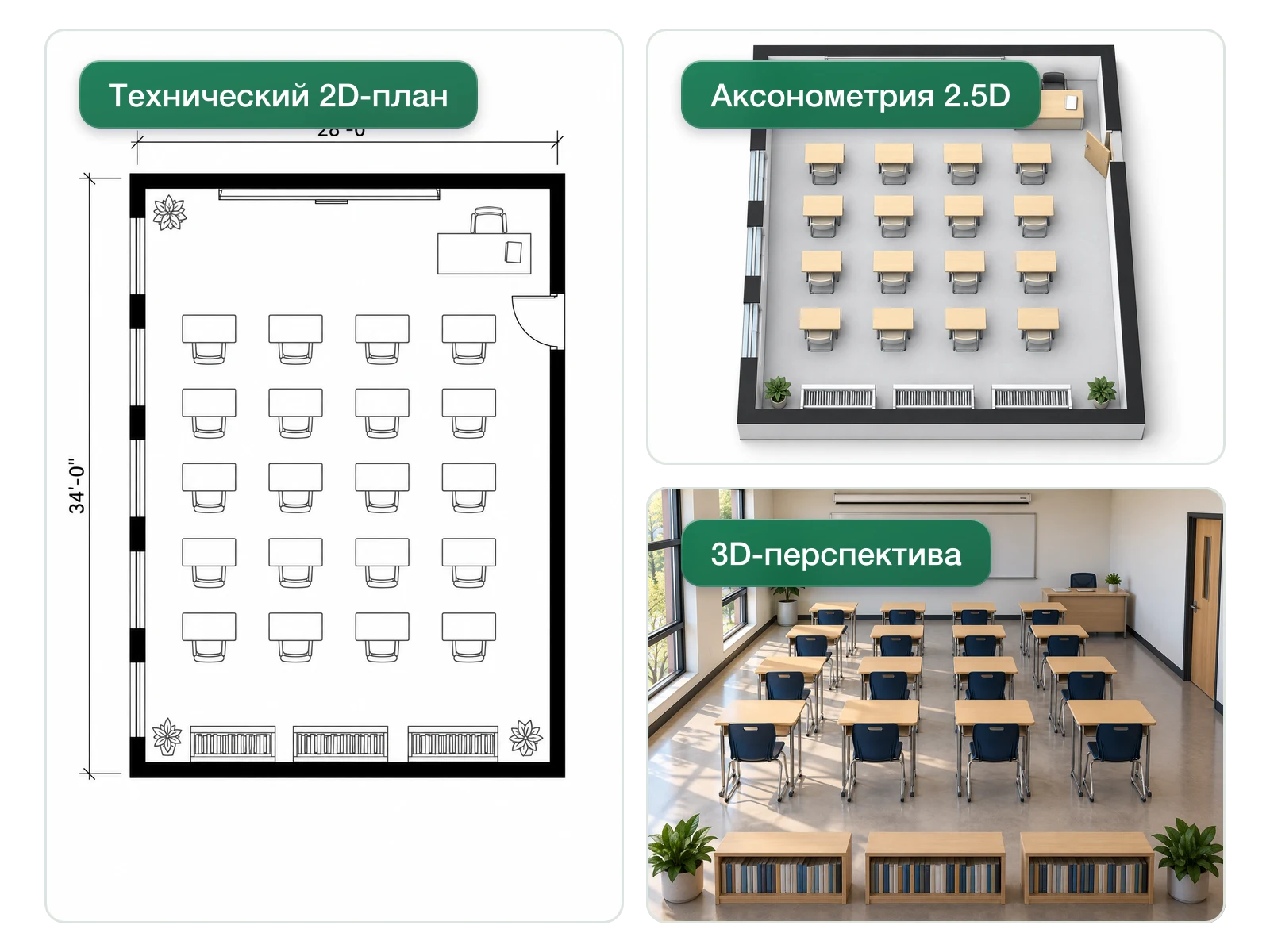 Один и тот же класс в виде технического 2D-плана, аксонометрии 2.5D и 3D-перспективы