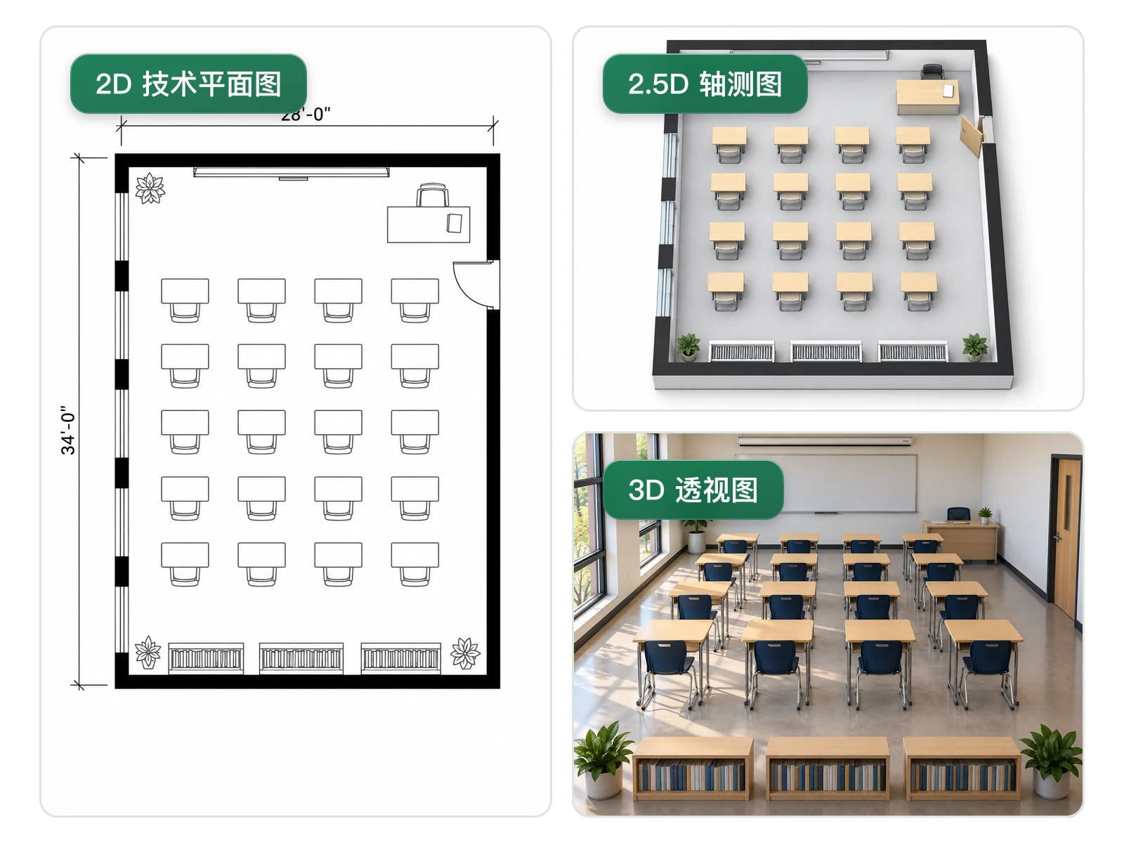以 2D 技术平面图、2.5D 轴测图和 3D 透视图呈现的同一个教室
