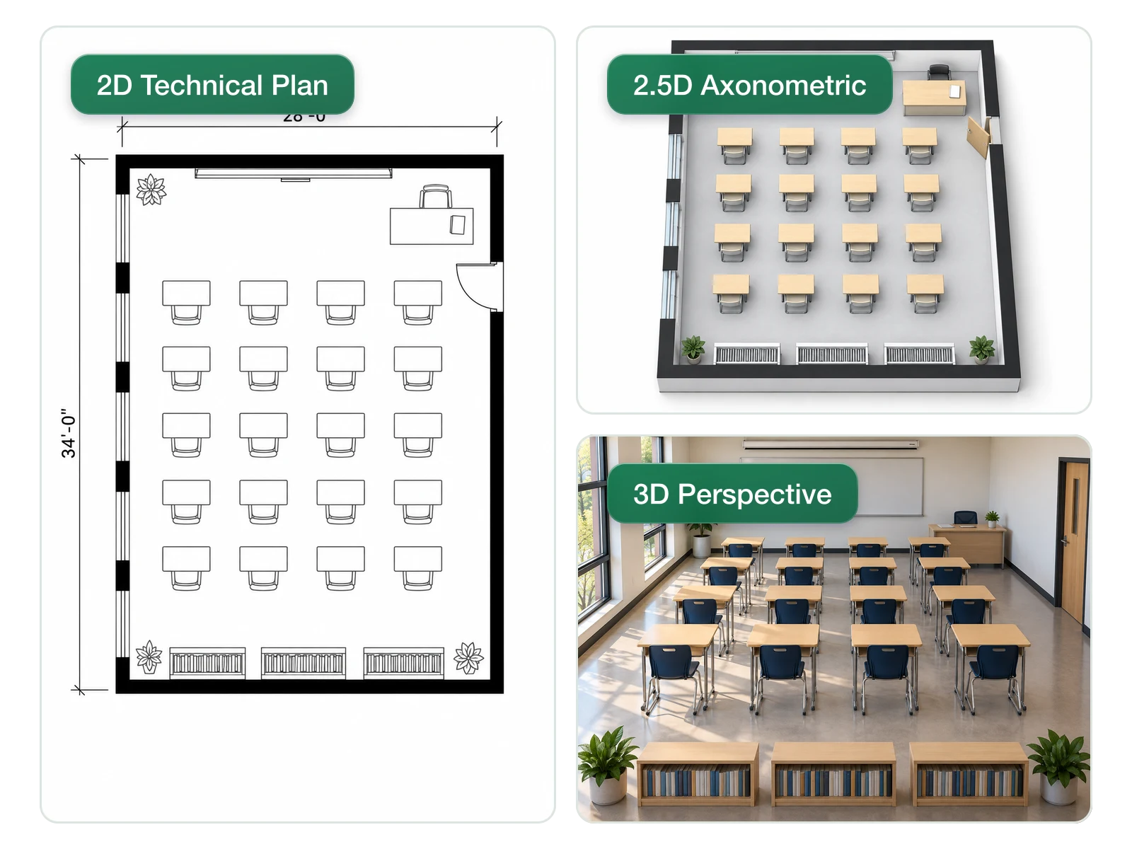 The same classroom shown as a 2D technical plan, a 2.5D axonometric view and a 3D perspective