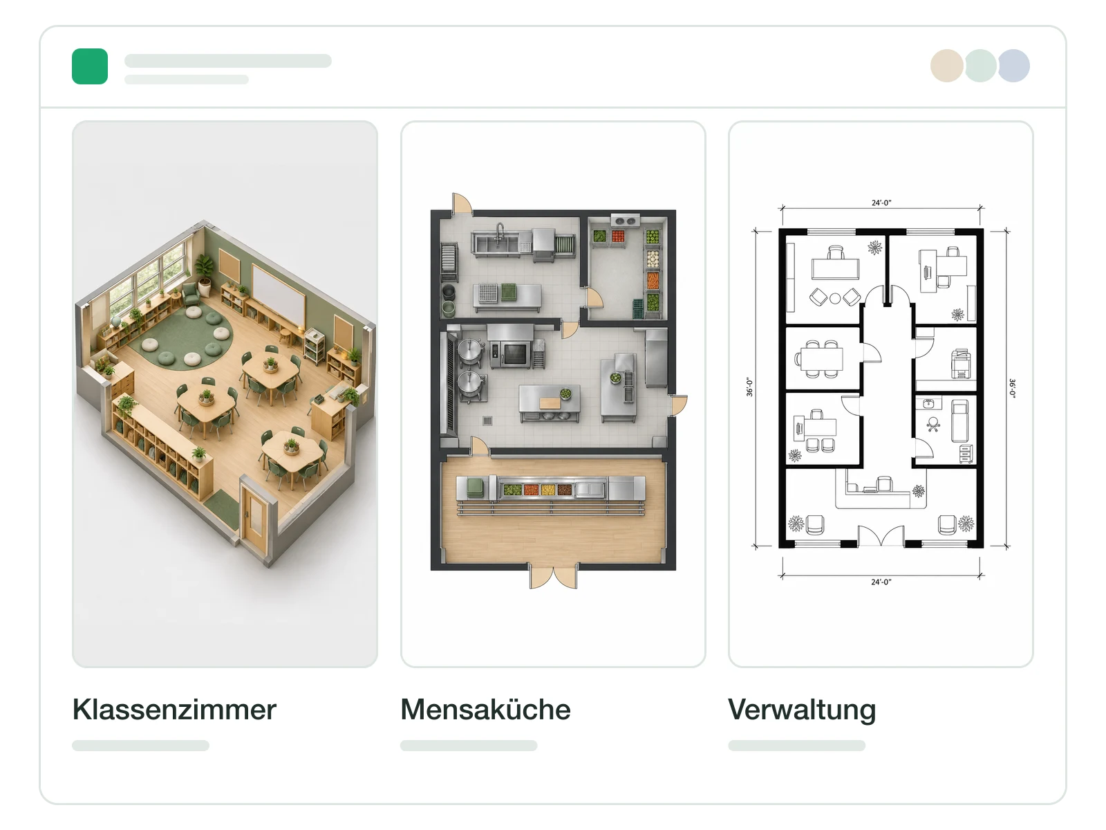 Schulprojekt-Workspace mit Klassenzimmer-, Küchen- und Bürogrundrissen