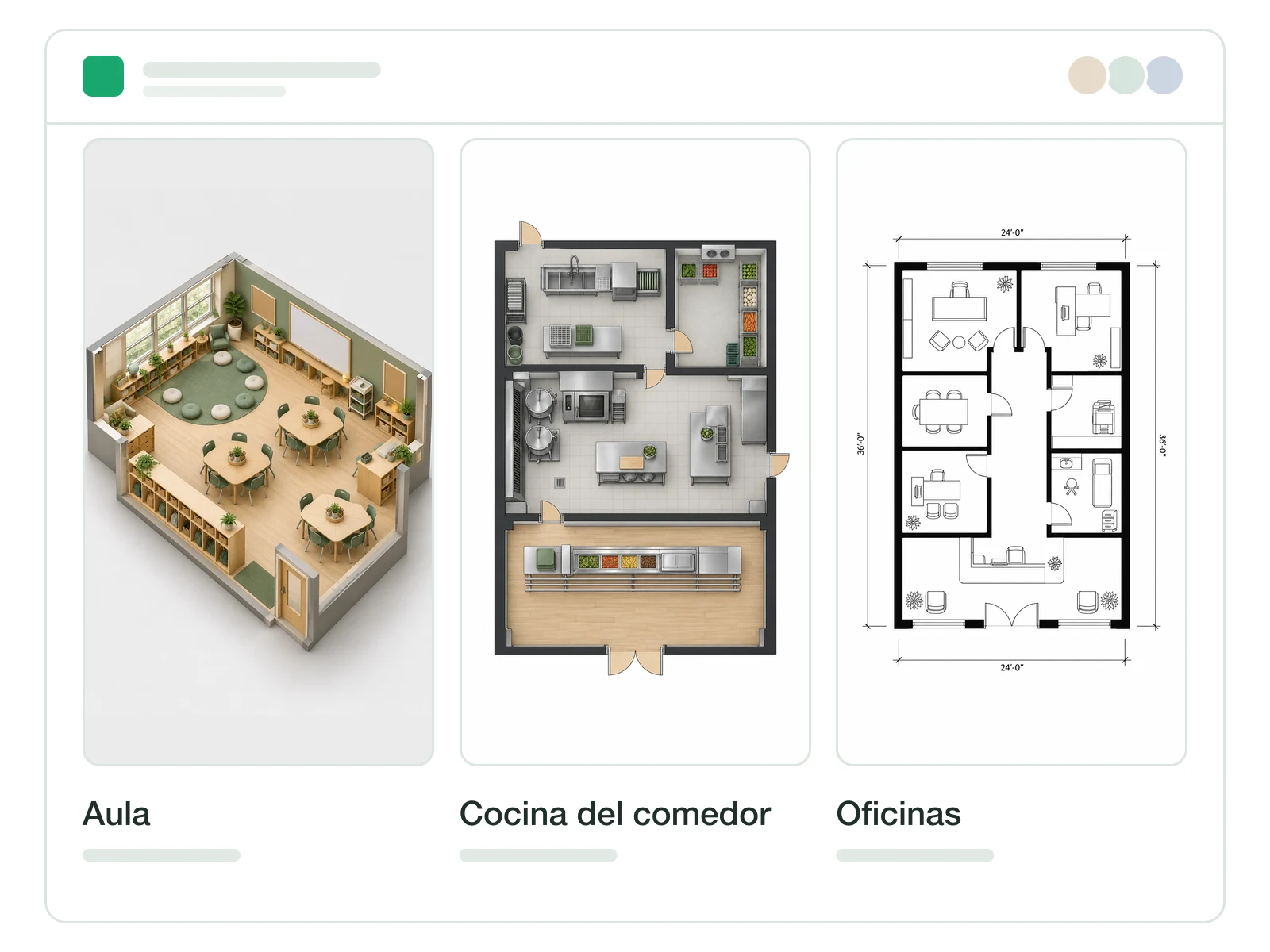 Espacio de trabajo escolar con las distribuciones de aulas, cocina y oficinas presentadas juntas