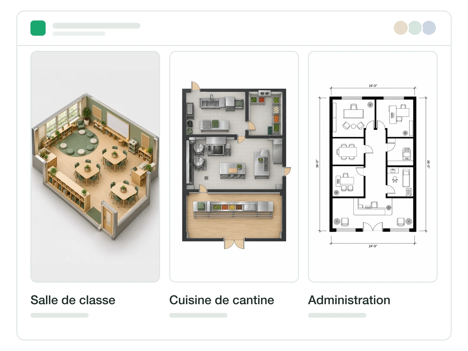 Espace de travail ArchyBase regroupant les plans de classe, de cuisine et de bureaux