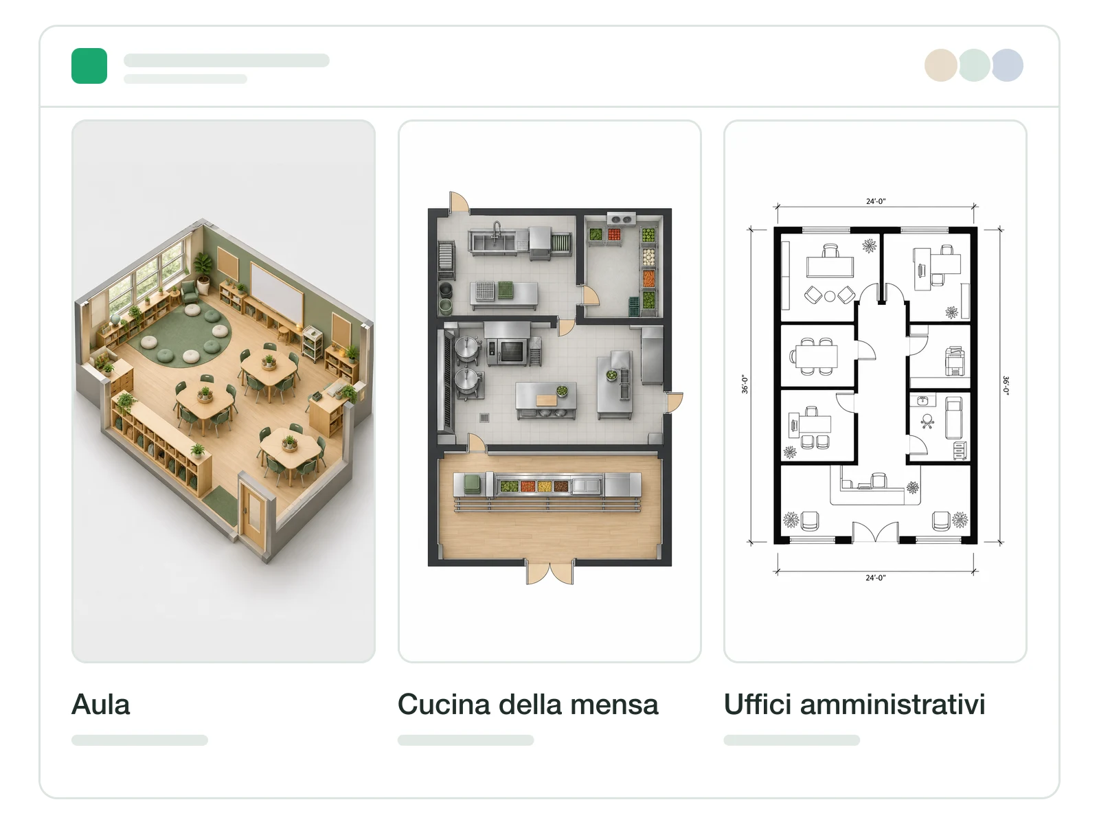 Spazio di lavoro di un progetto scolastico con layout di aule, cucine e uffici