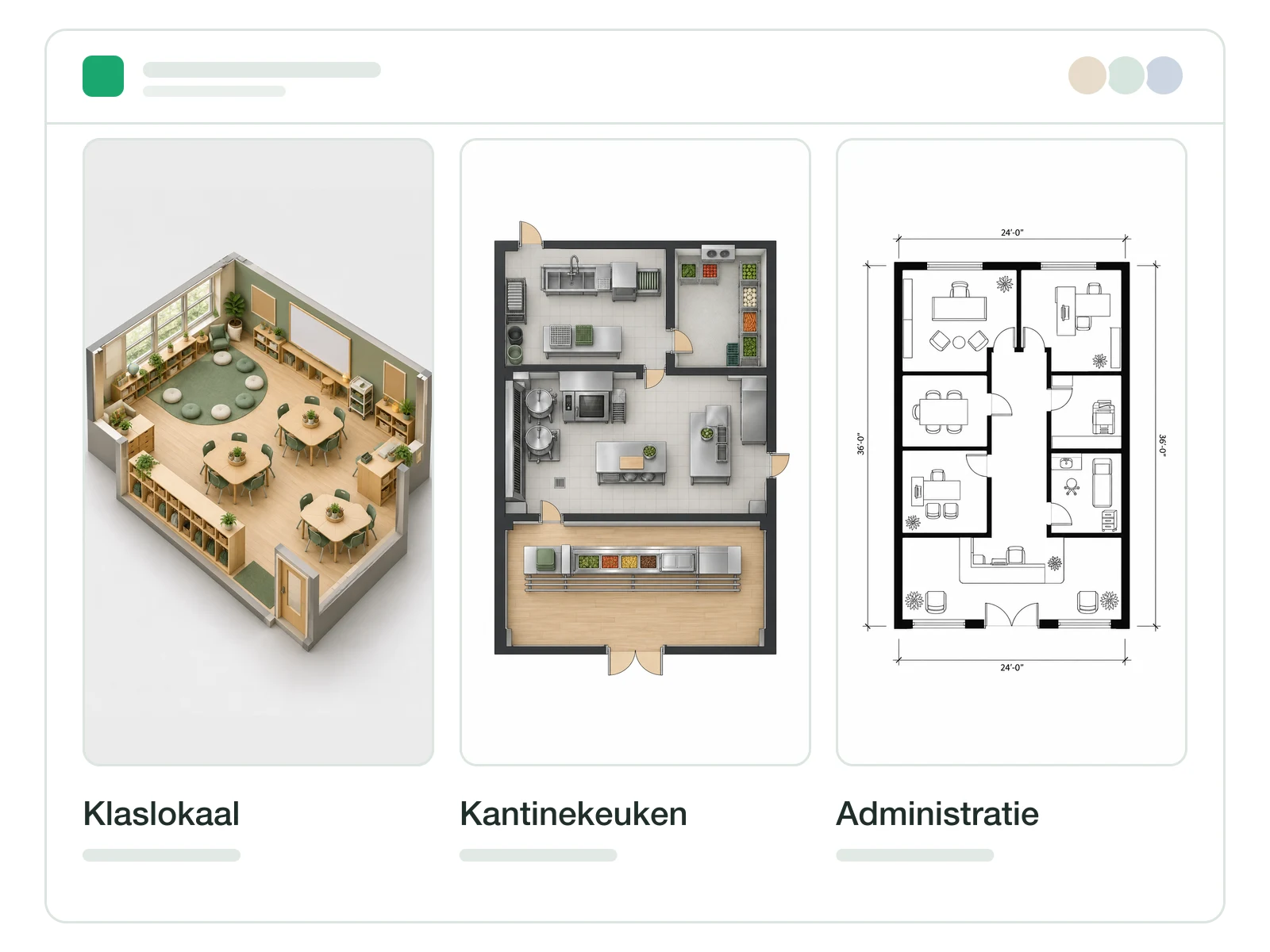 Schoolprojectoverzicht met klaslokaal-, keuken- en kantoorindelingen bij elkaar