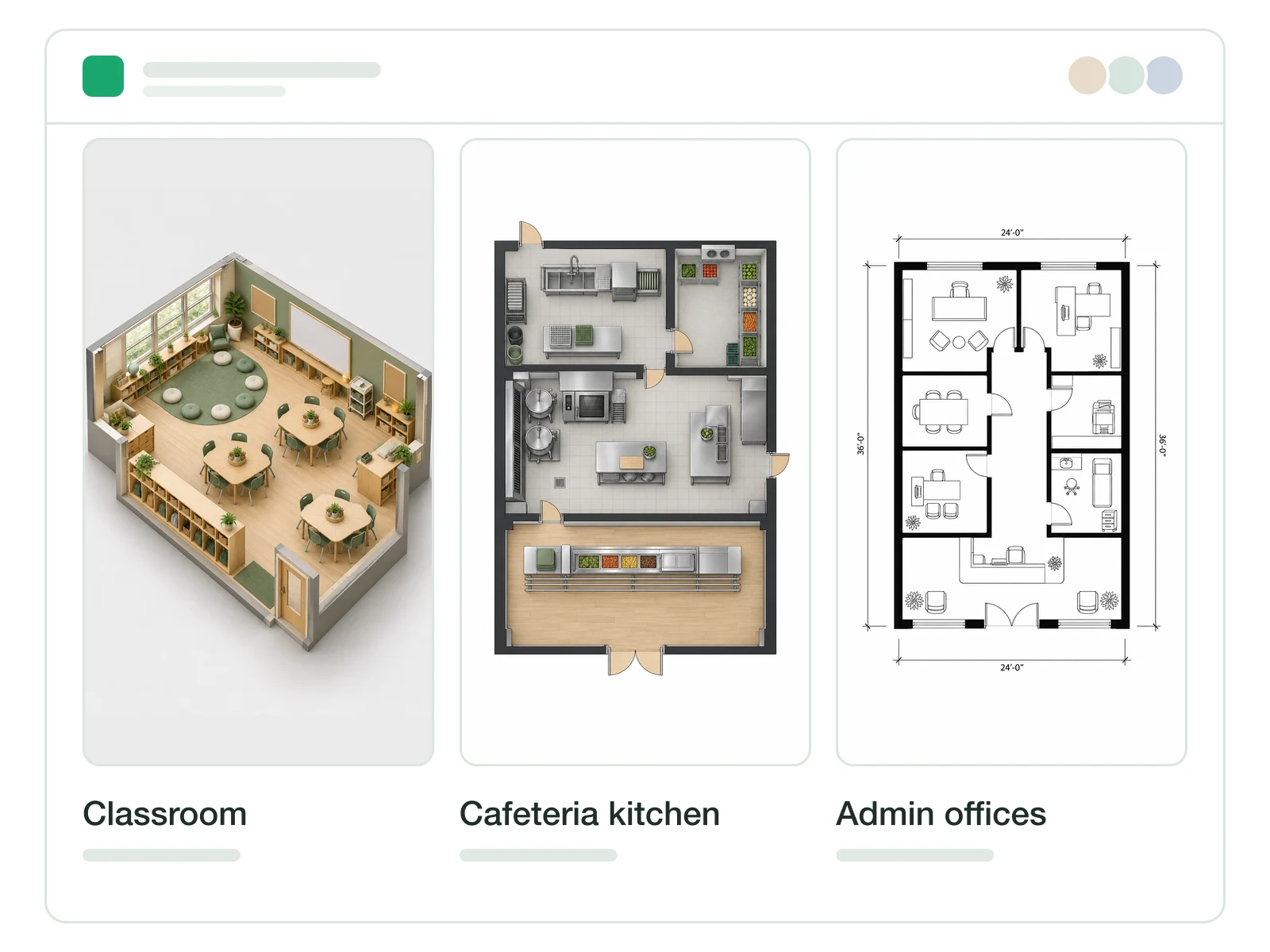 School project workspace showing classroom, kitchen and office layouts together