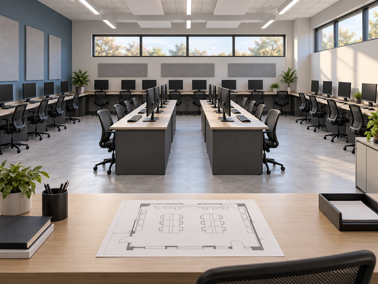 Aula de informática renderizada a partir de una distribución generada por IA