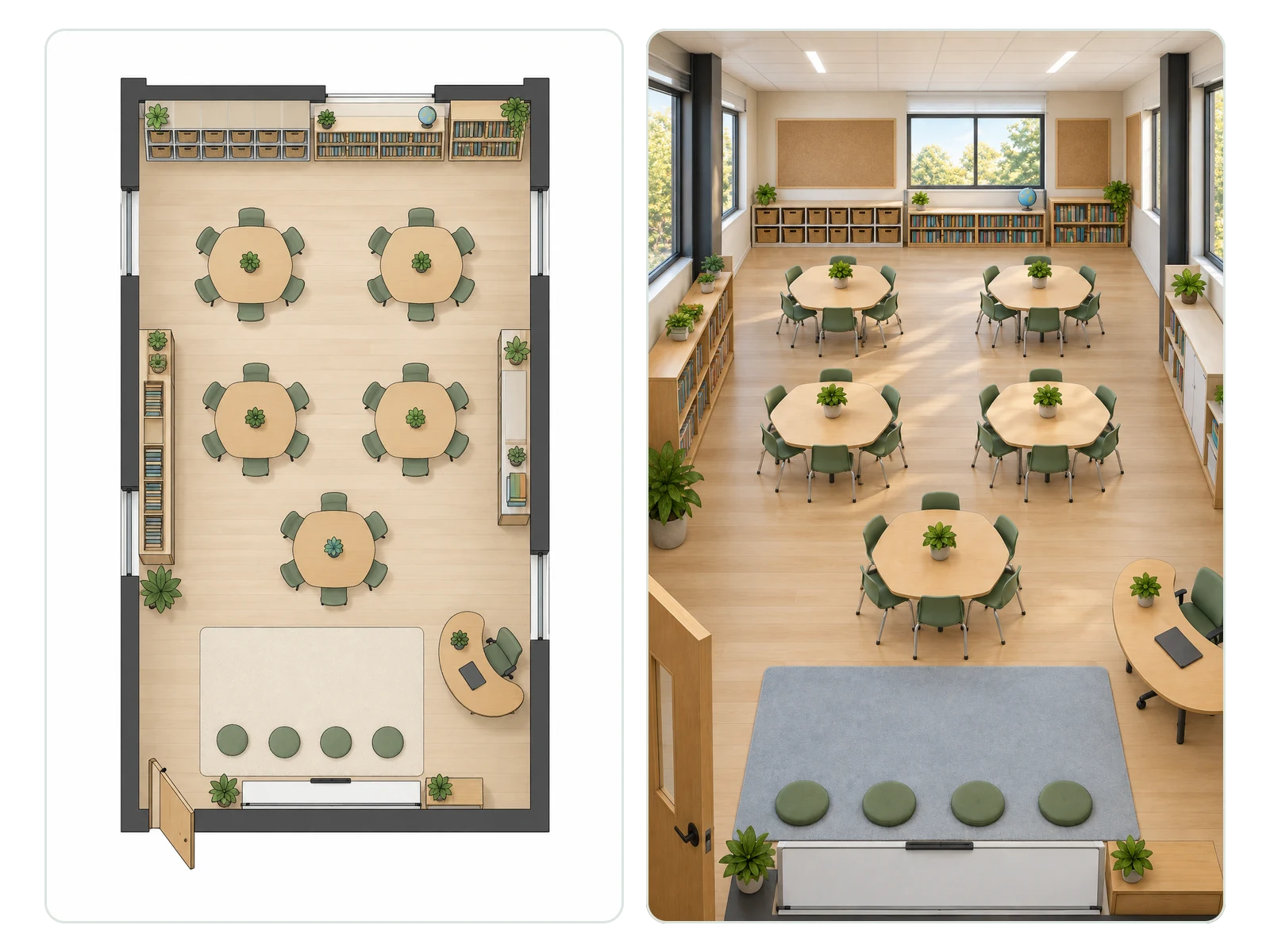 Aula de primaria con mesas para grupos pequeños mostrada en plano y en vista renderizada