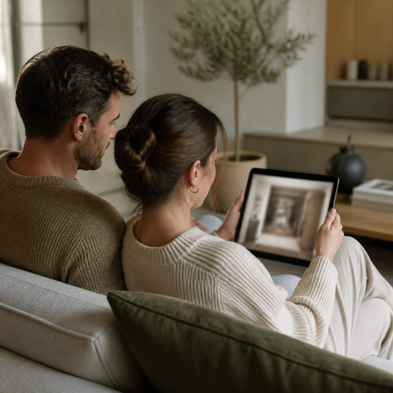 Homeowner comparing closet style results on a laptop before a build-out
