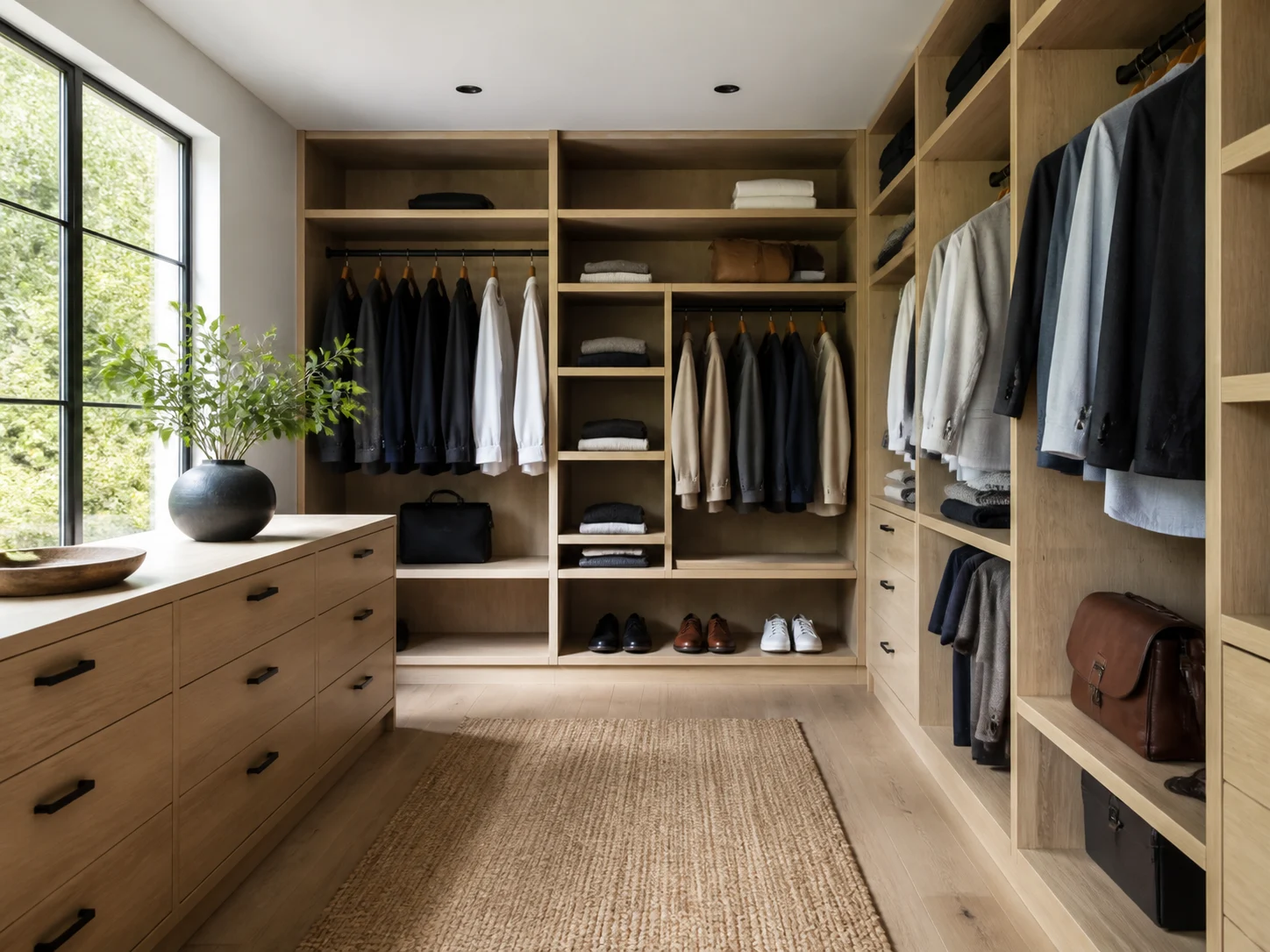 Modern walk-in closet with open shelving and matte black hardware
