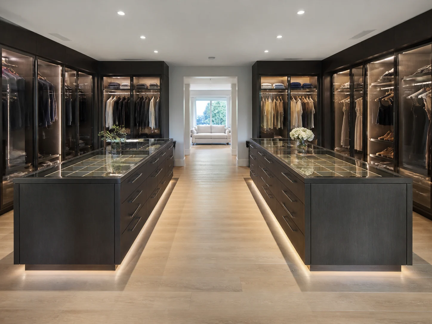 Luxury his-and-hers walk-in closet with glass display cases