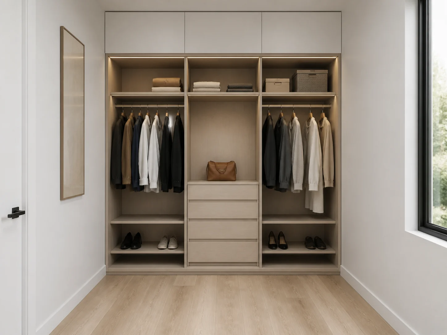 Minimalist reach-in closet with hidden storage solutions
